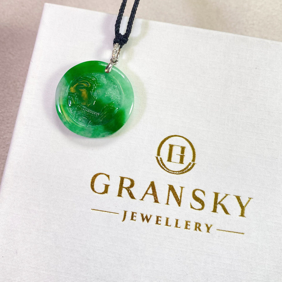 Scenic Round Green Jade Pendant Necklace - 18k White Gold Bail with Diamond