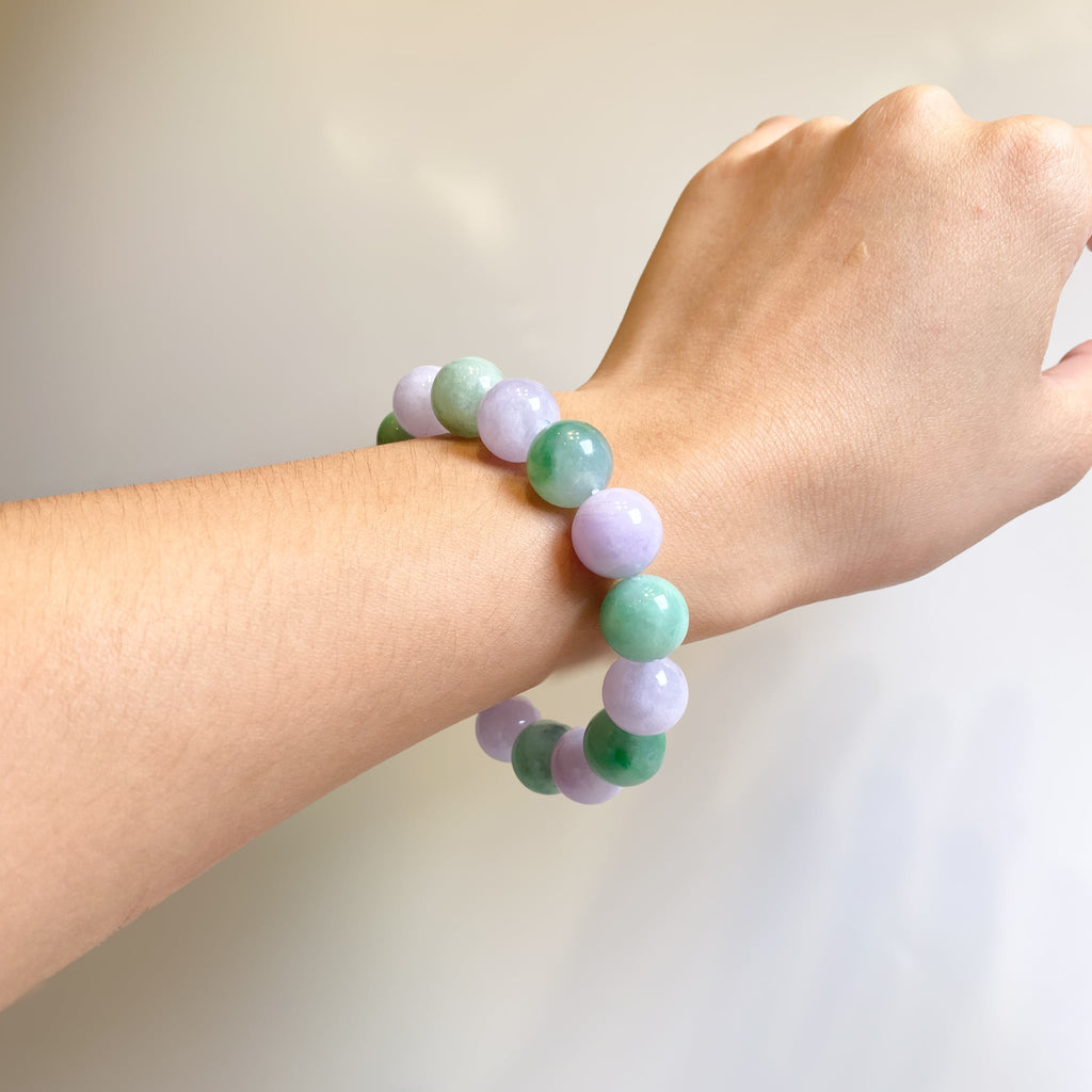 Jade Beads Bracelet, Purple and Green Jadeite Beaded Bracelet, 12mm Beaded Jade, Type A Jadeite