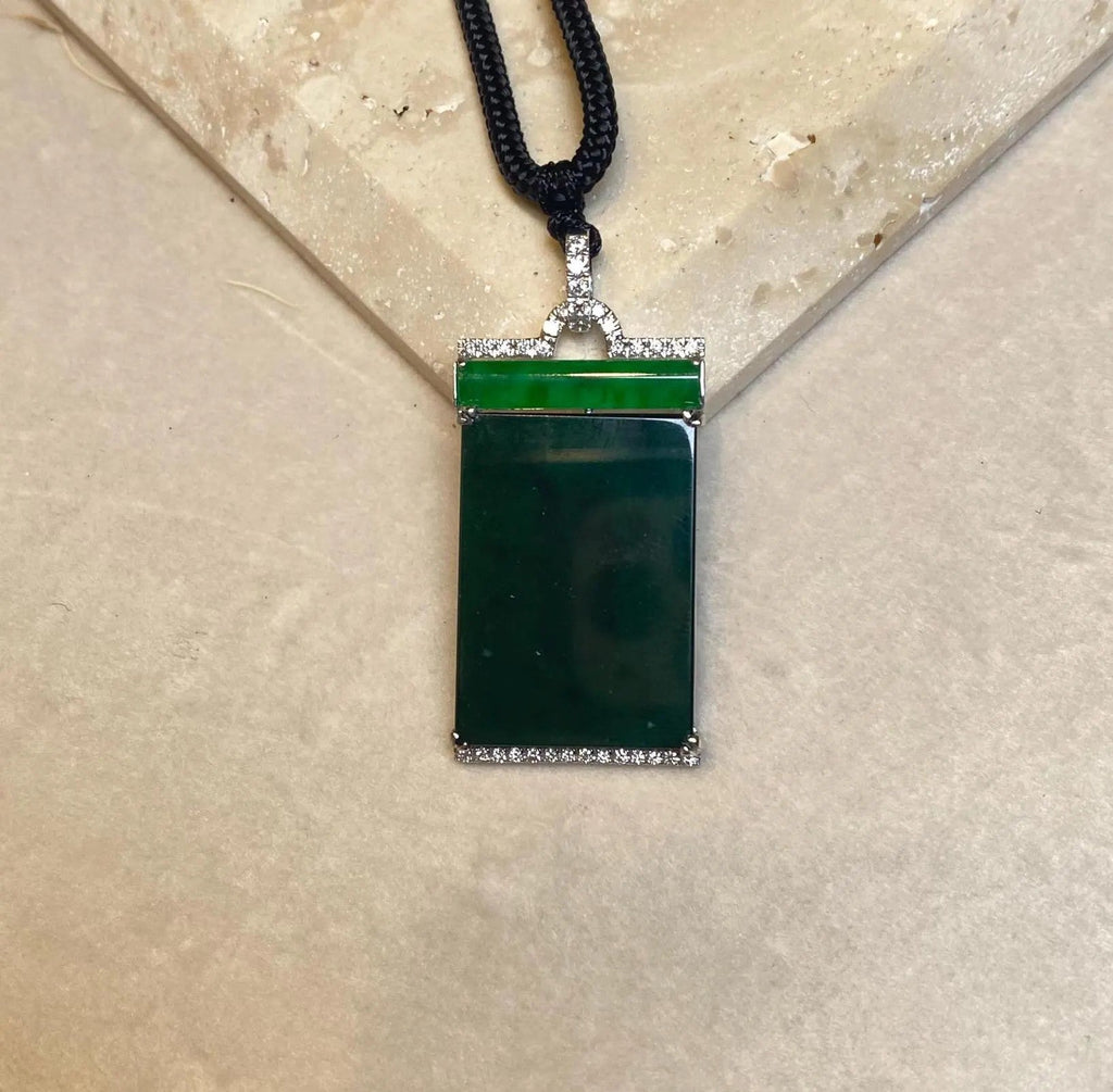 Black & Green Burmese Jadeite Pendant in 18K White Gold with Diamonds