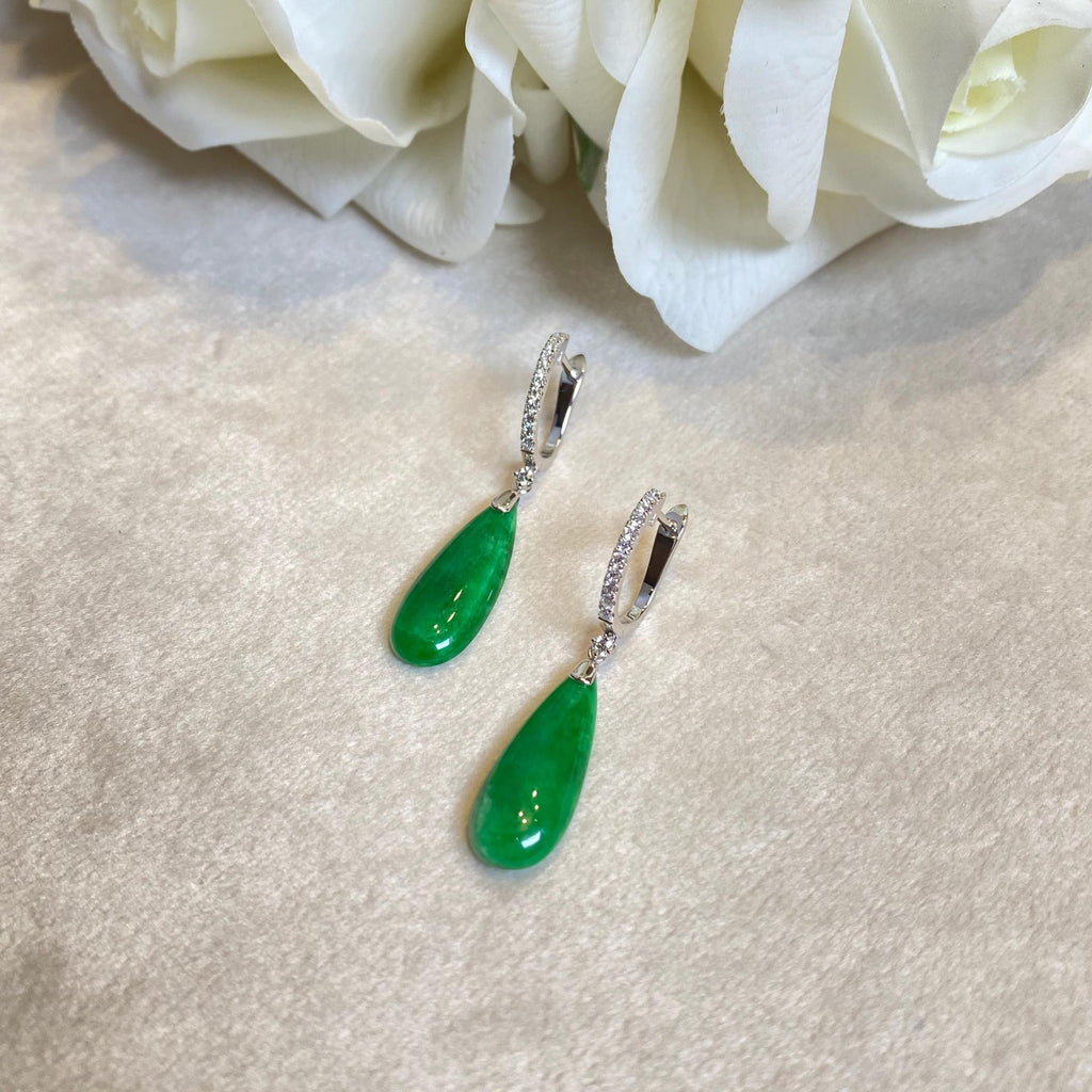 Green Jade Pear Shape Dangle Earrings - 18K White Gold and Diamonds