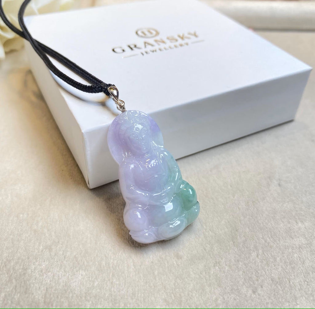 Gransky Handmade GuanYin (Kwan yin) Green and Purple Jade Pendant 18k White Gold Bail