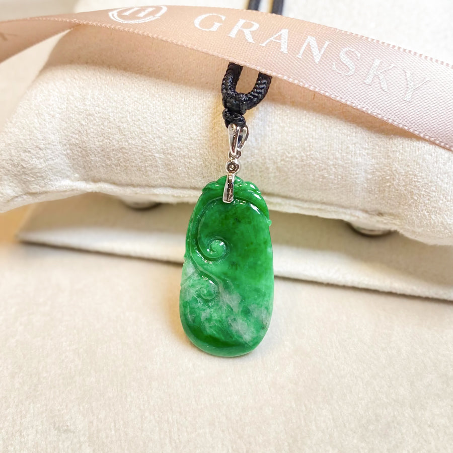 Gransky Carved Ruyi Jade Pendant in 18k White Gold Bail and Diamonds
