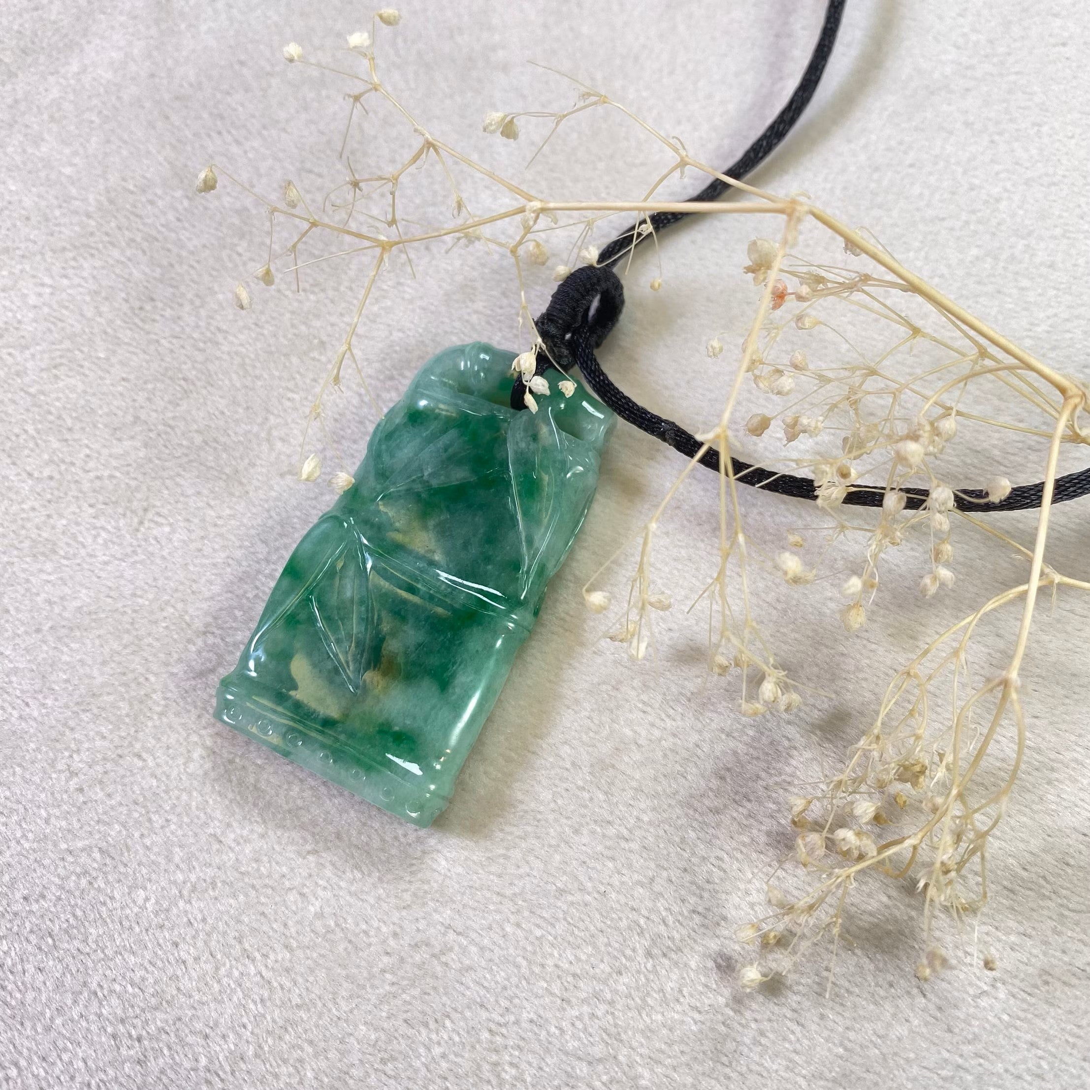 Apple Green Hand-Carved Bamboo Jade Pendant