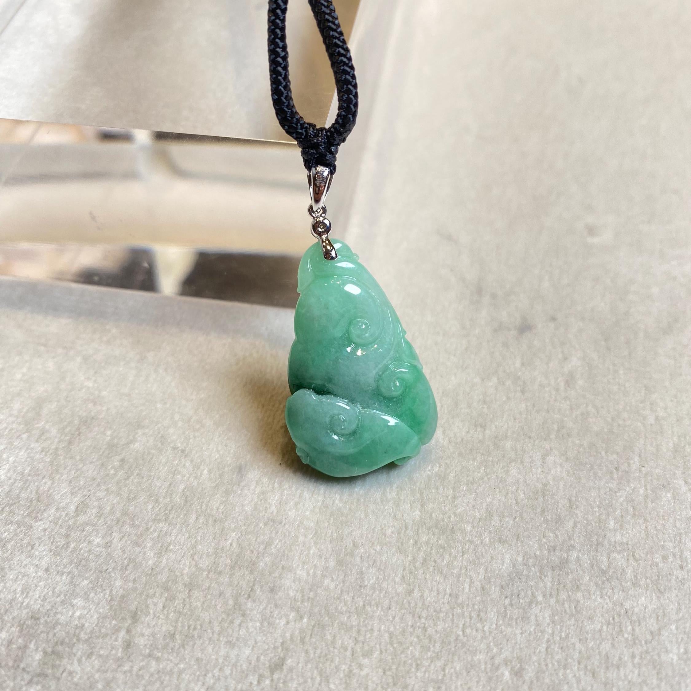 Natural Green Jadeite Pendant - Carved Ruyi Jade