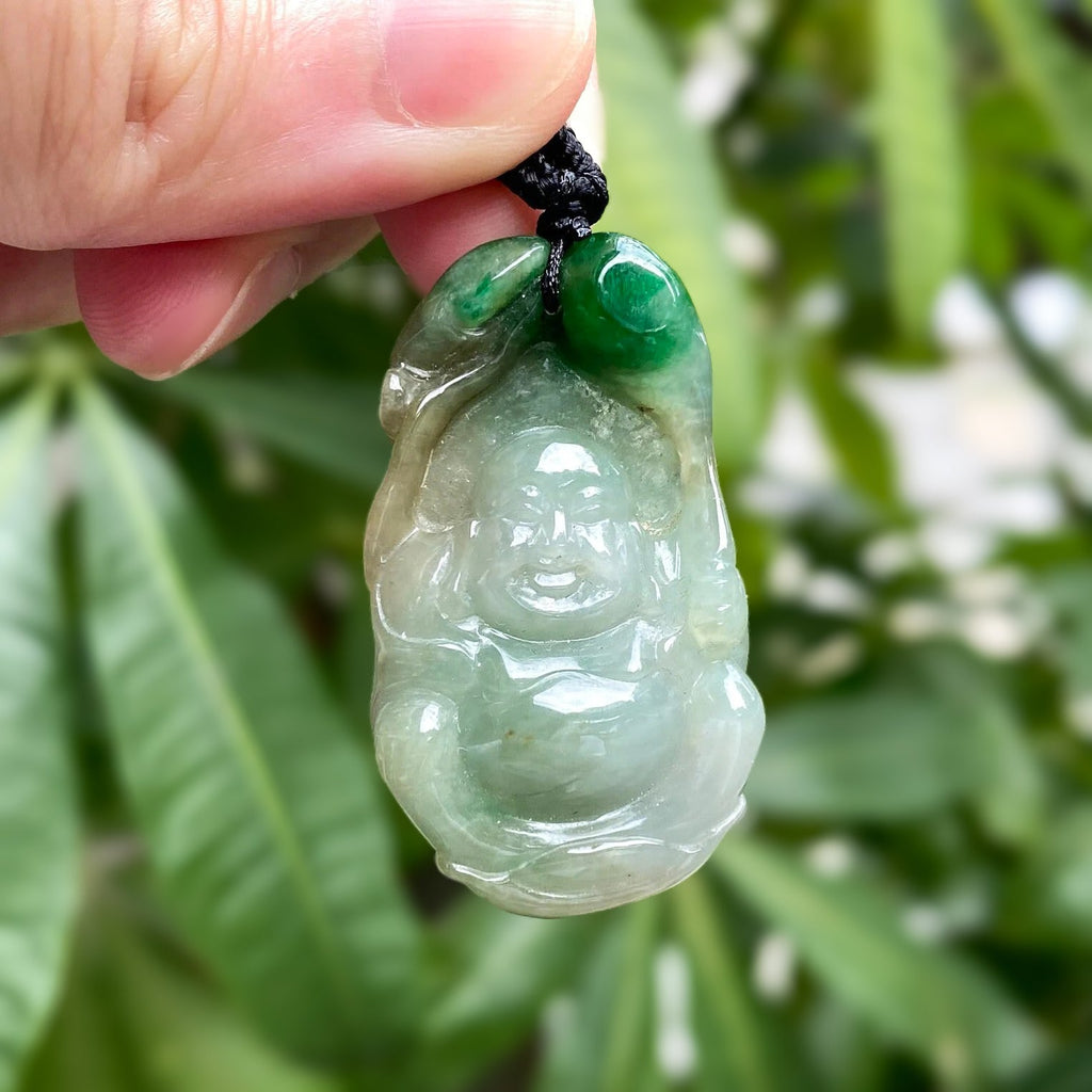 Hand-Carved Green and Brown Jade Happy Buddha Pendant – Spiritual Jewelry