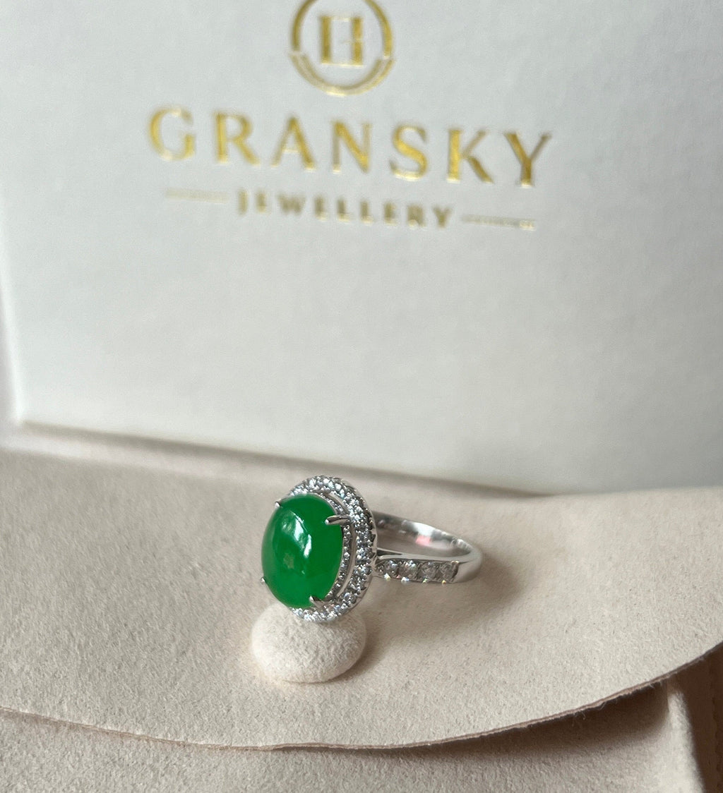 Gransky Green Natural Jadeite Ring Size US 6.75