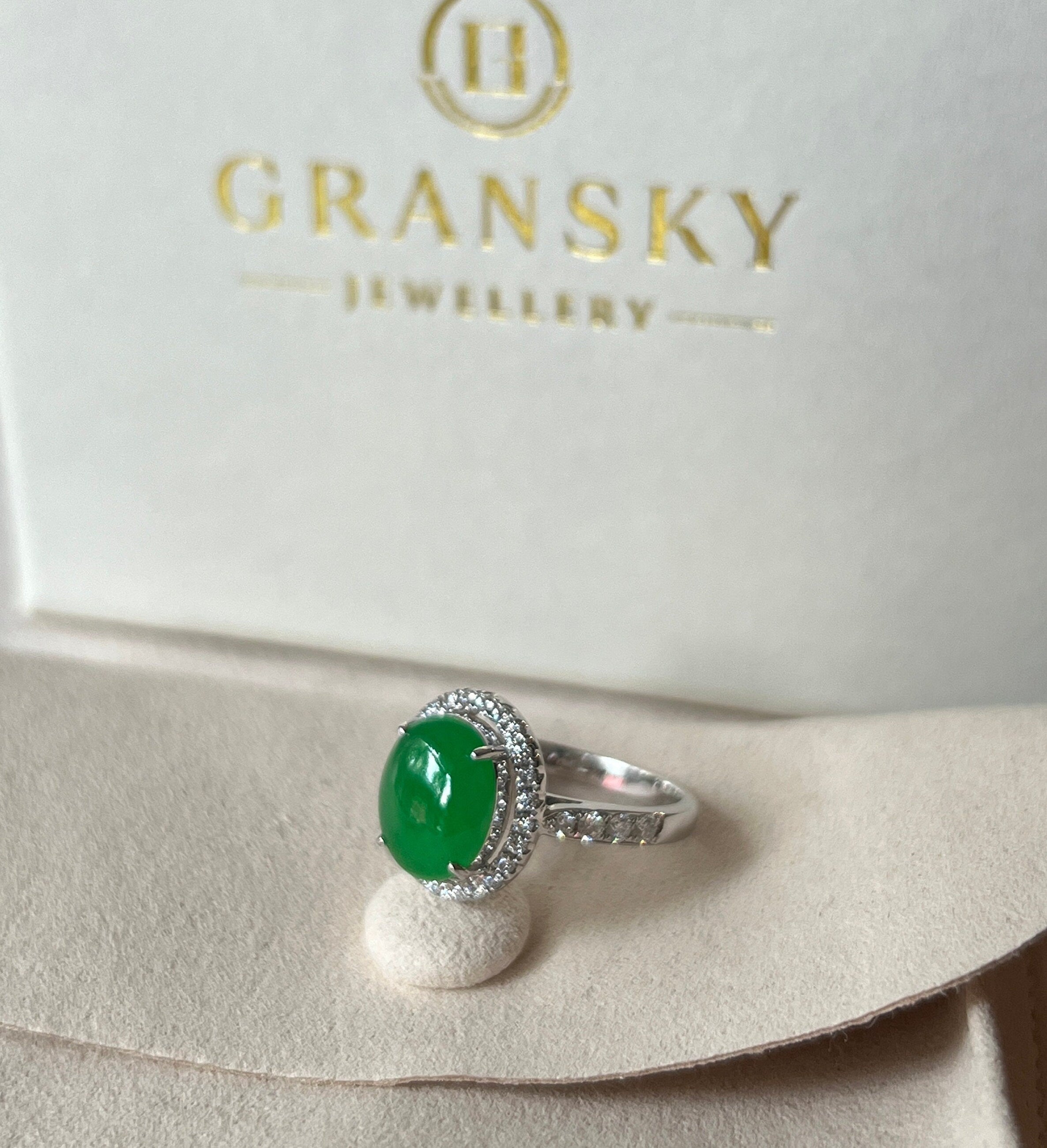 Gransky Green Natural Jadeite Ring Size US 6.75