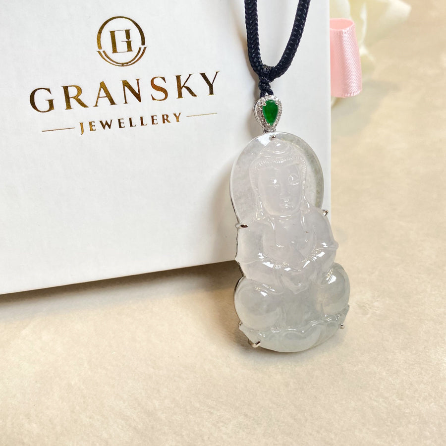 Gransky Handcrafted White Jadeite Guanyin Pendant Necklace in 18K White Gold with Diamonds