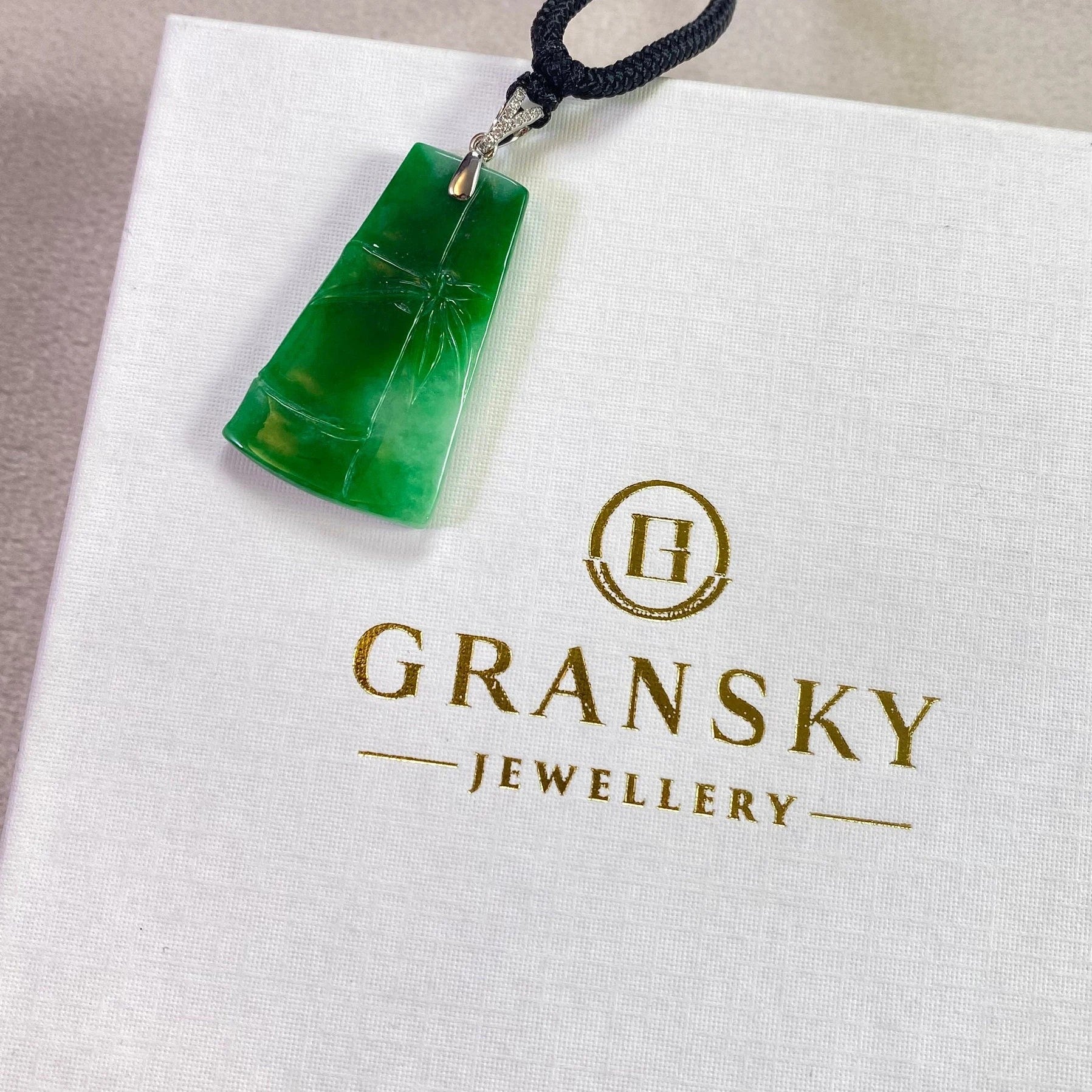 Bright Green Delicate Bamboo Jade Pendant 18k Gold Bail Diamonds