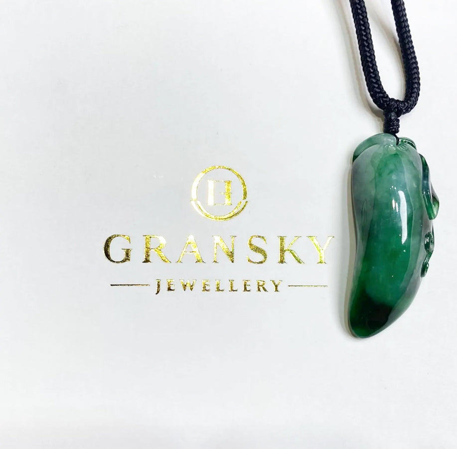 Intense Green Hand-Carved Jade Melon Pendant with Adjustable Black String