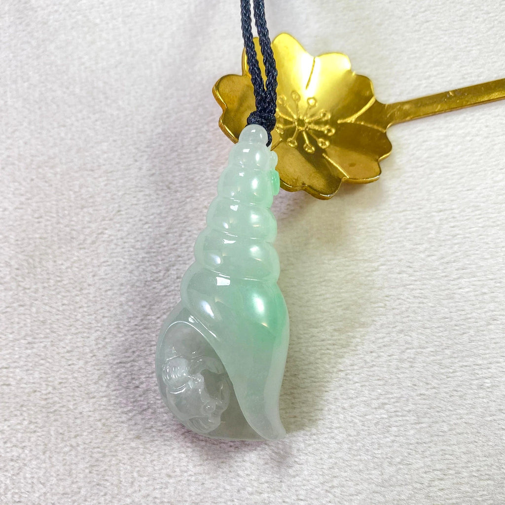 Handcrafted Lime Green Jade Seashell Pendant – Adjustable Black Cord, Harmony & Tranquility