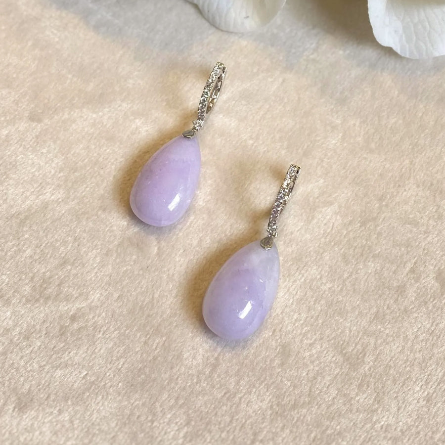 18k White Gold Diamonds Intense Purple Teardrop Jade Drop Earrings