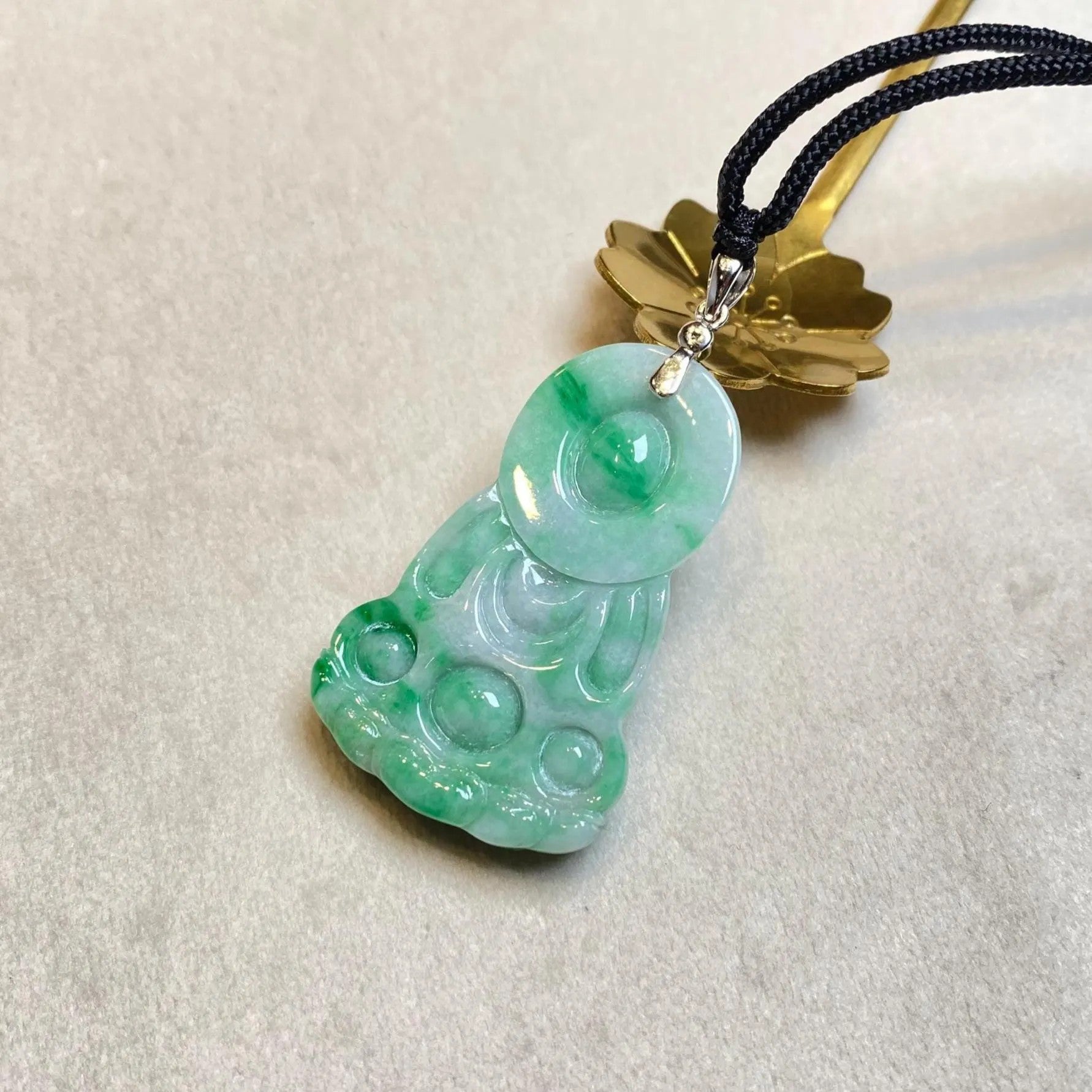 GuanYin Green Jade Pendant 18k White Gold and Diamonds