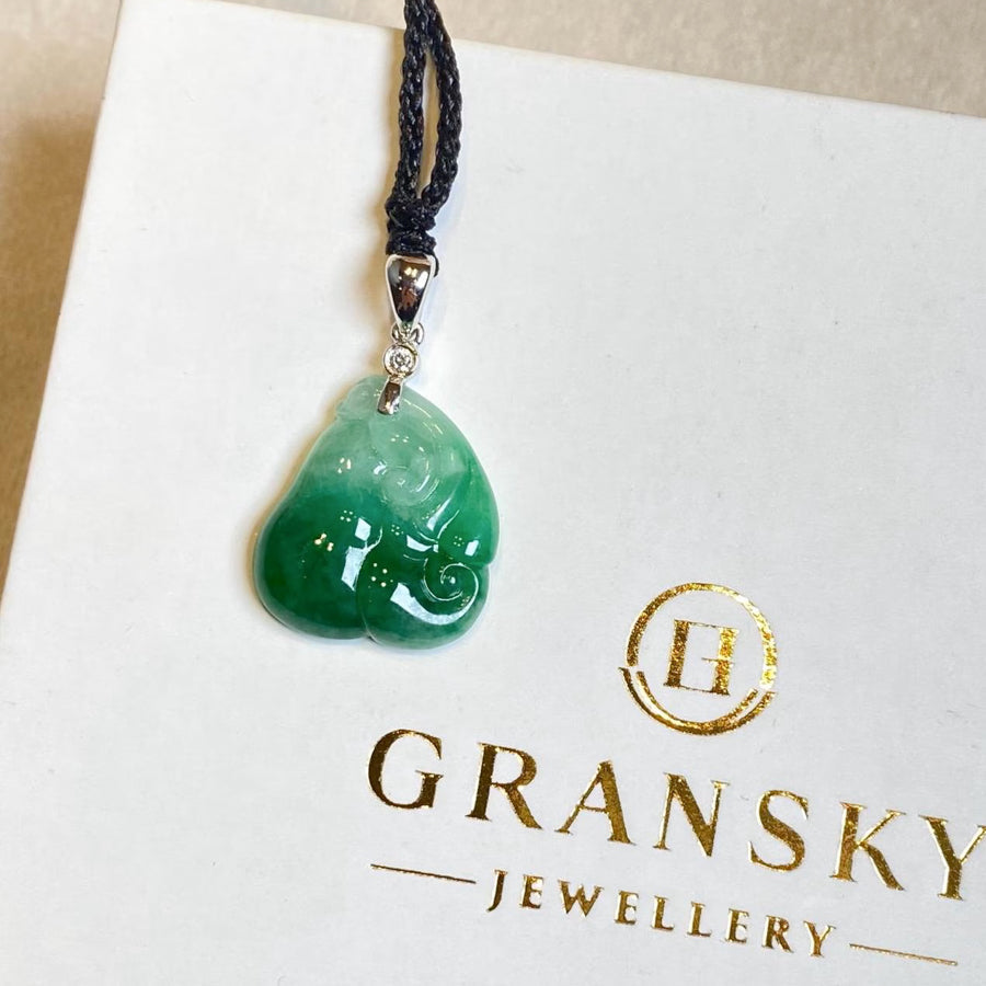 Natural Green Jadeite Pendant 18k White Gold Diamond - Carved Ruyi Jade