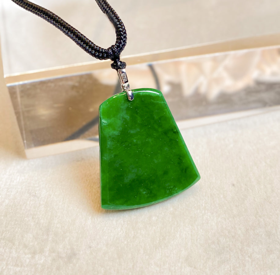 Imperial Green Jade Scenic Pendant with 18k White Gold Bail and Diamonds