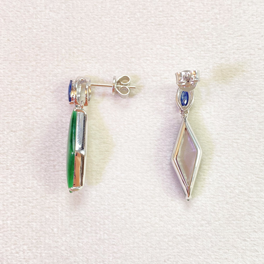 Natural Intense Green Jade Drop Earrings - 18K White Gold Diamonds Sapphire