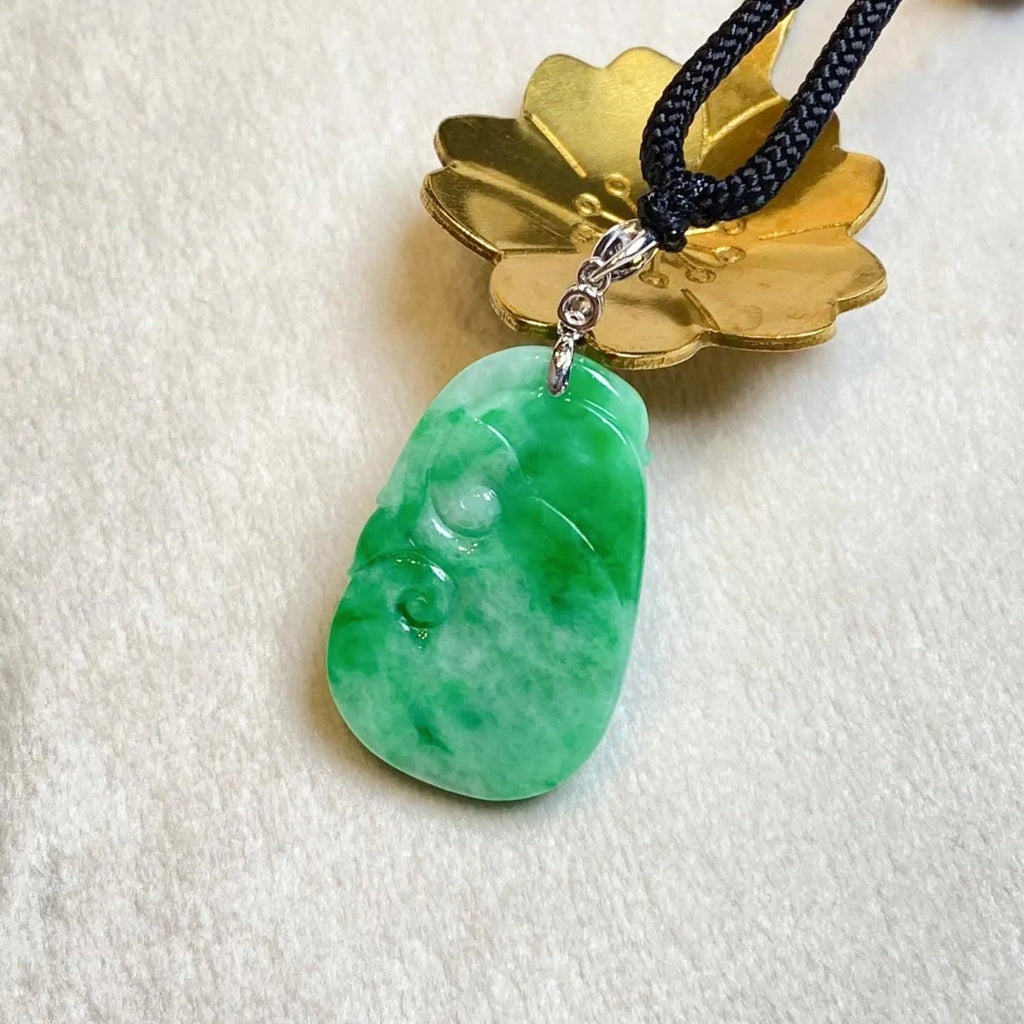 Natural Green Ruyi Jade Pendant - 18k White Gold Bail & Diamond