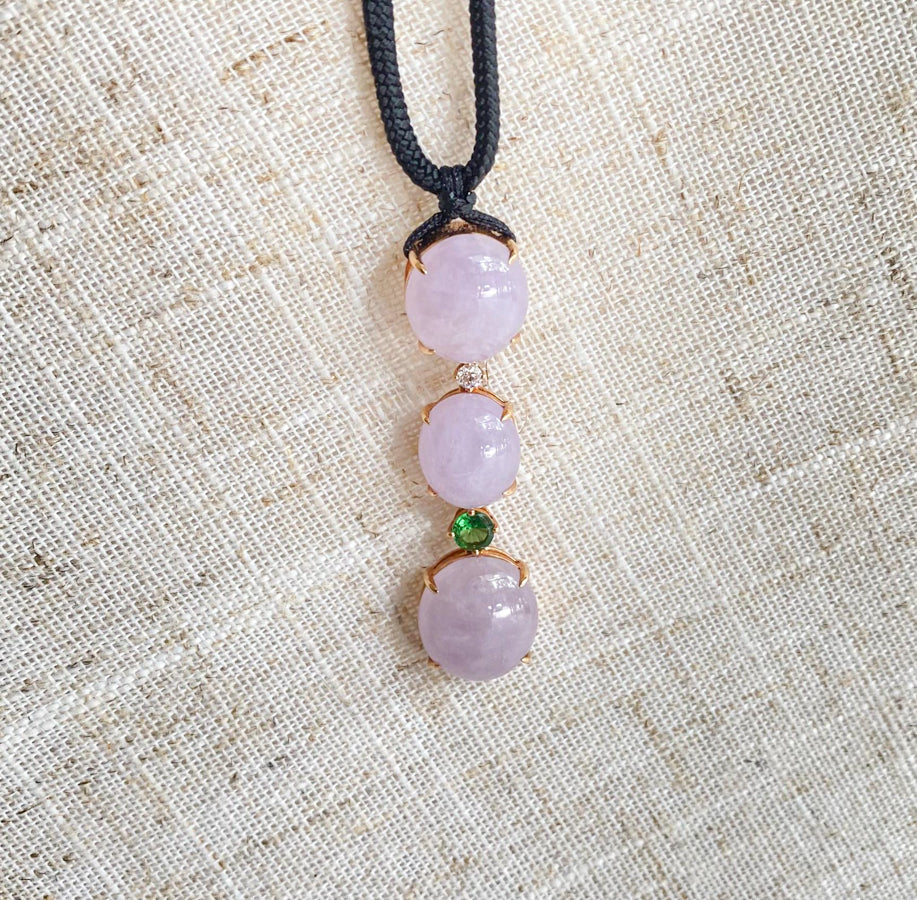 Triple Purple Jade Cabochon Pendant in 18K Rose Gold with Garnet Accents