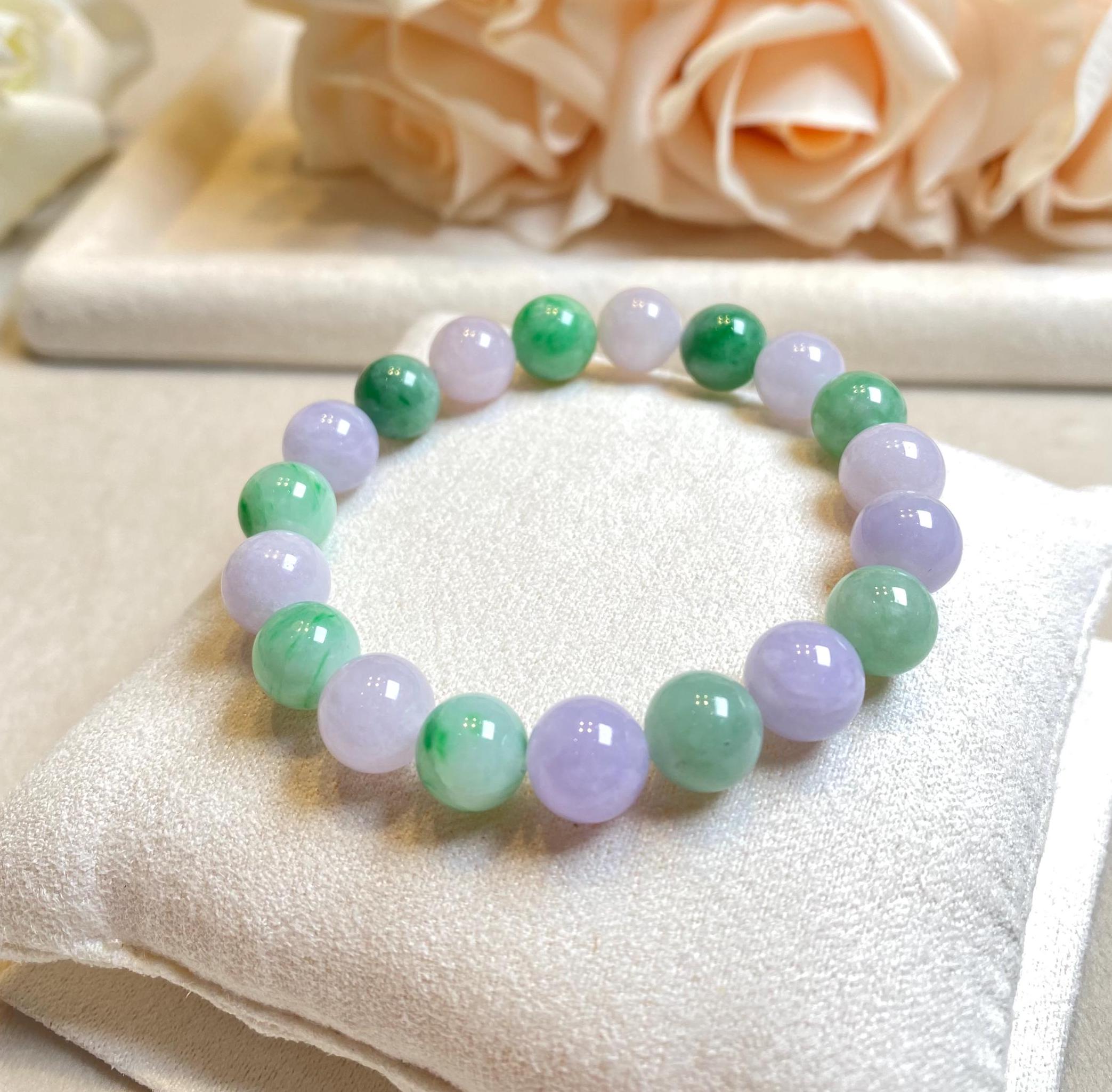 Alternating Green and Purple Jade Beaded Bracelet - 9-9.5mm Beads, 17cm, Natural Jadeite