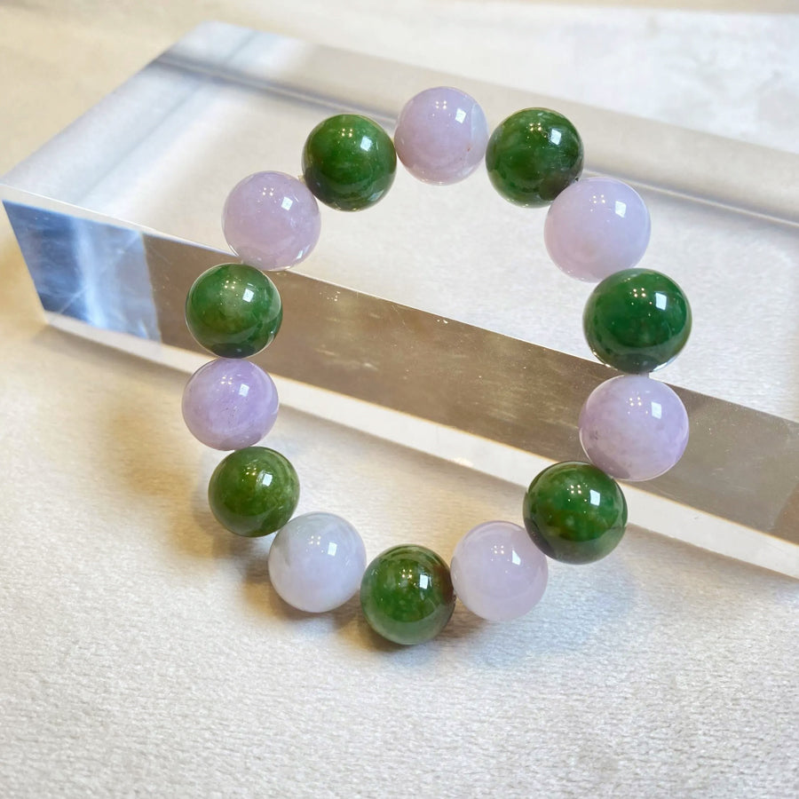 Gransky Jewellery Type-A Jadeite Beaded Bracelet - Green & Purple, 12-12.5mm