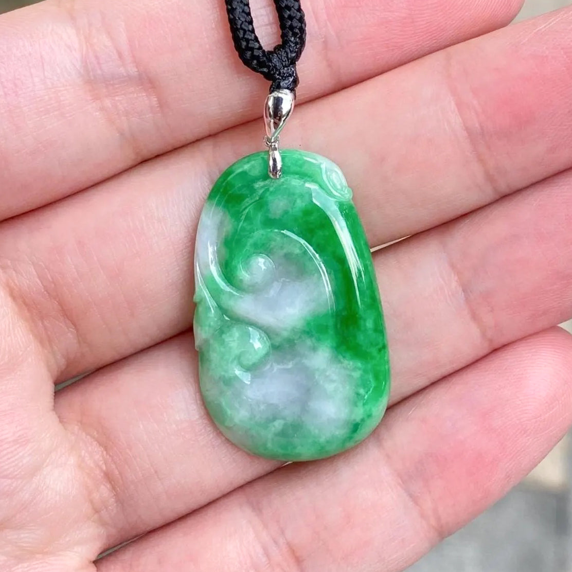 Natural Green Ruyi Jade Pendant - 18k White Gold Bail