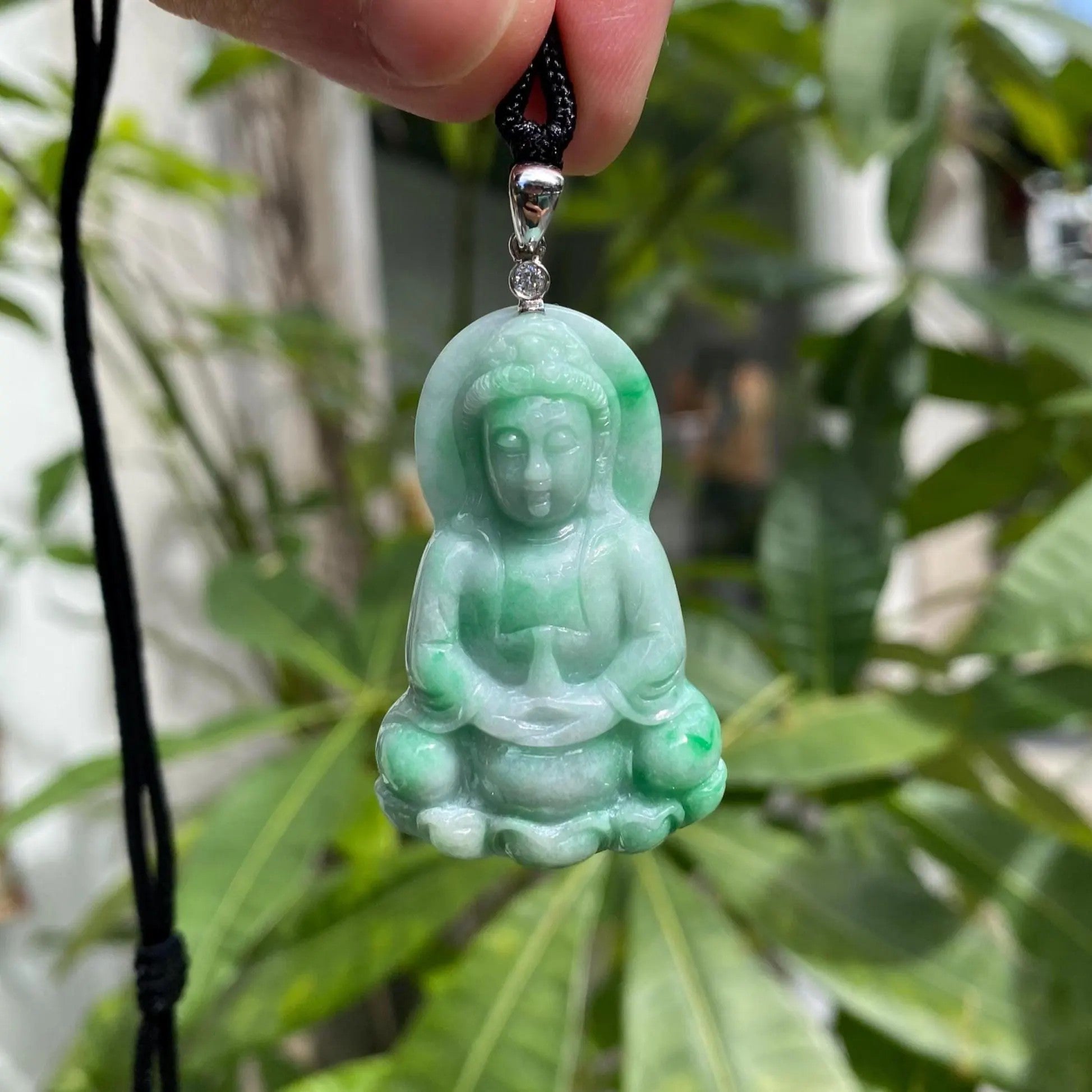GuanYin Green Jade Pendant 18k White Gold and Diamonds