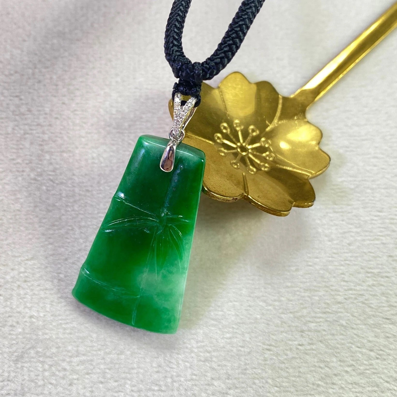 Bright Green Delicate Bamboo Jade Pendant 18k Gold Bail Diamonds