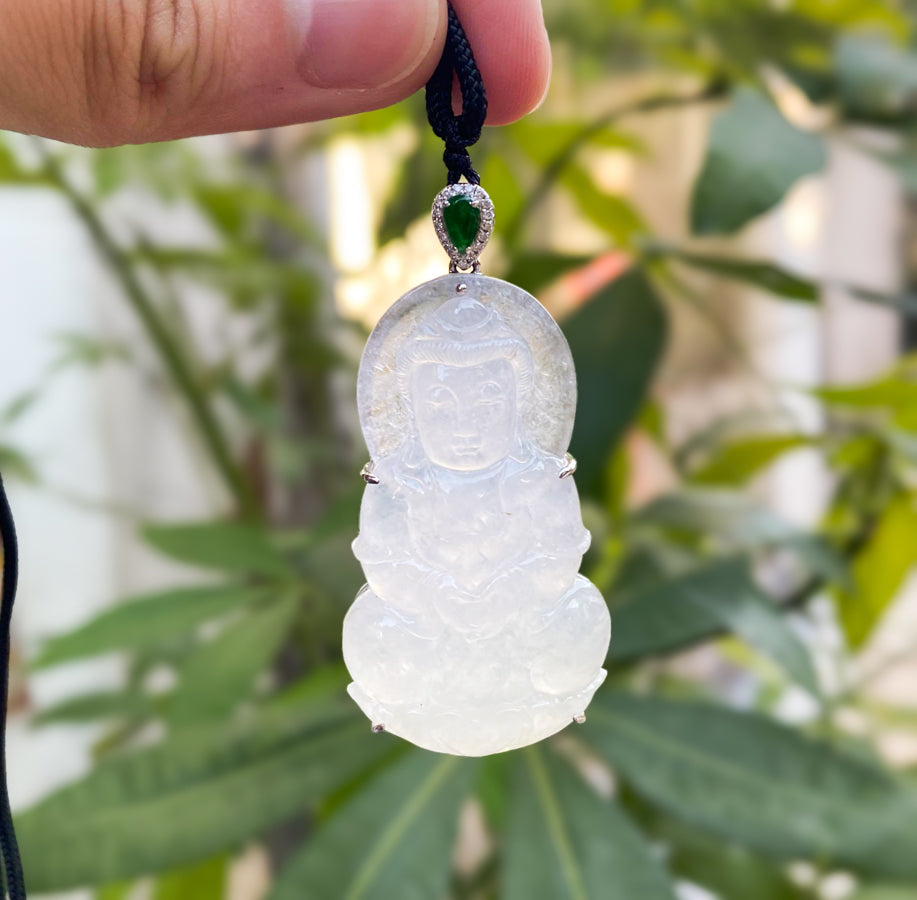 Gransky Handcrafted White Jadeite Guanyin Pendant Necklace in 18K White Gold with Diamonds