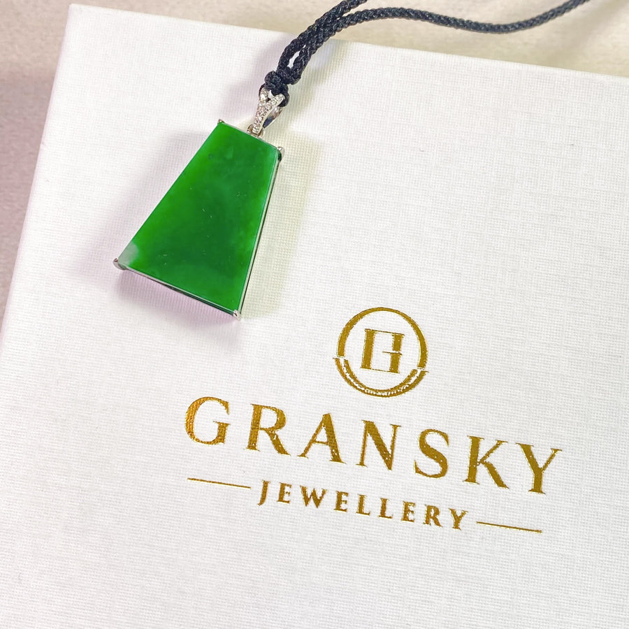 Green Jade Block Pendant in 18K White Gold with Diamonds, Genuine Burmese Jadeite