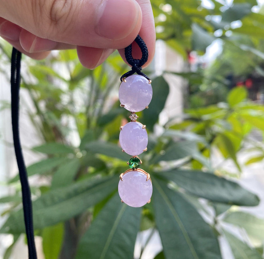 Triple Purple Jade Cabochon Pendant in 18K Rose Gold with Garnet Accents