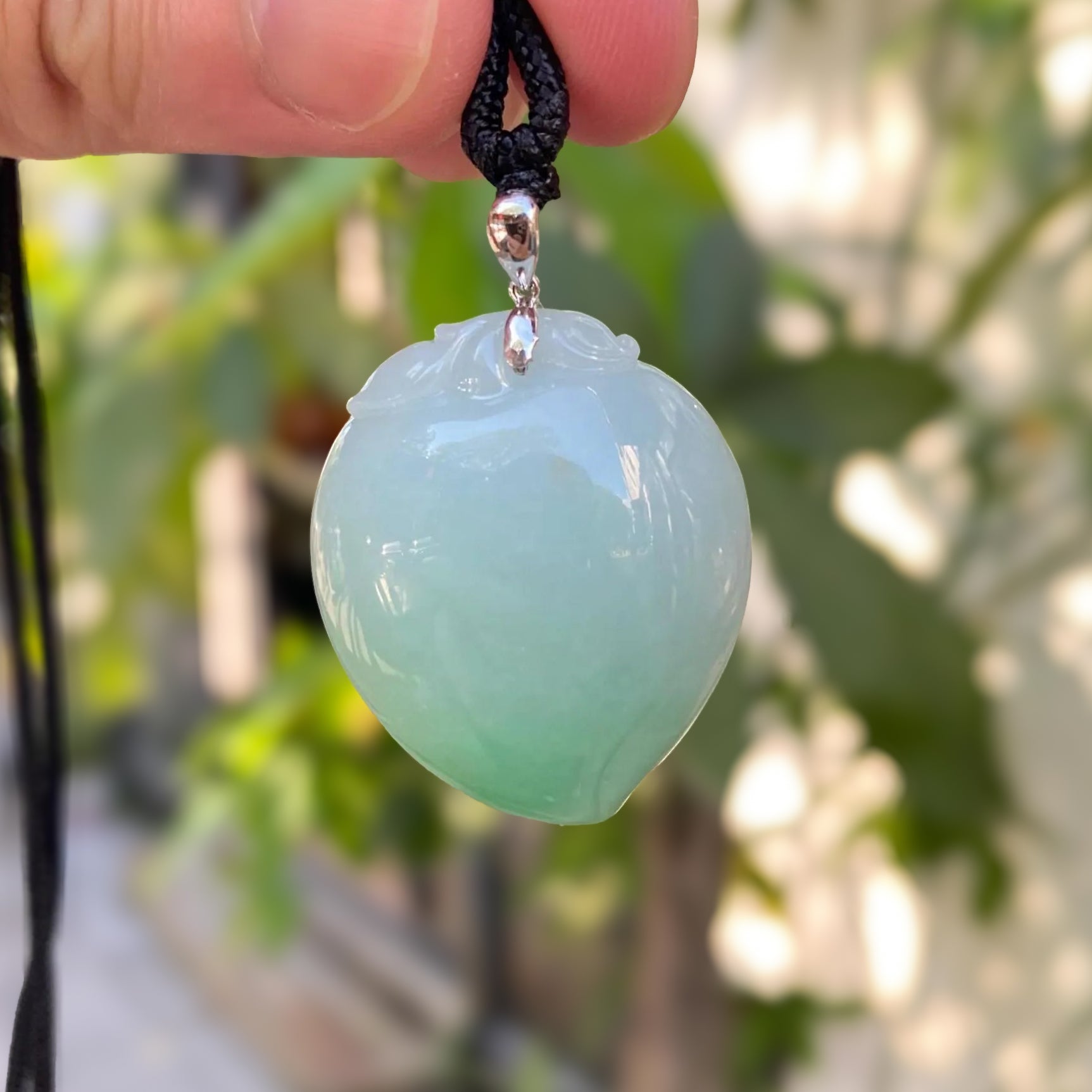 Imperial Green Peach Carved Burmese Jadeite Pendant in 18K White Gold Bail