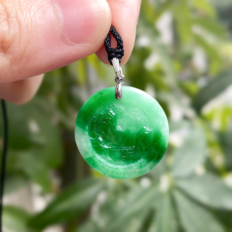 Scenic Round Green Jade Pendant Necklace - 18k White Gold Bail with Diamond
