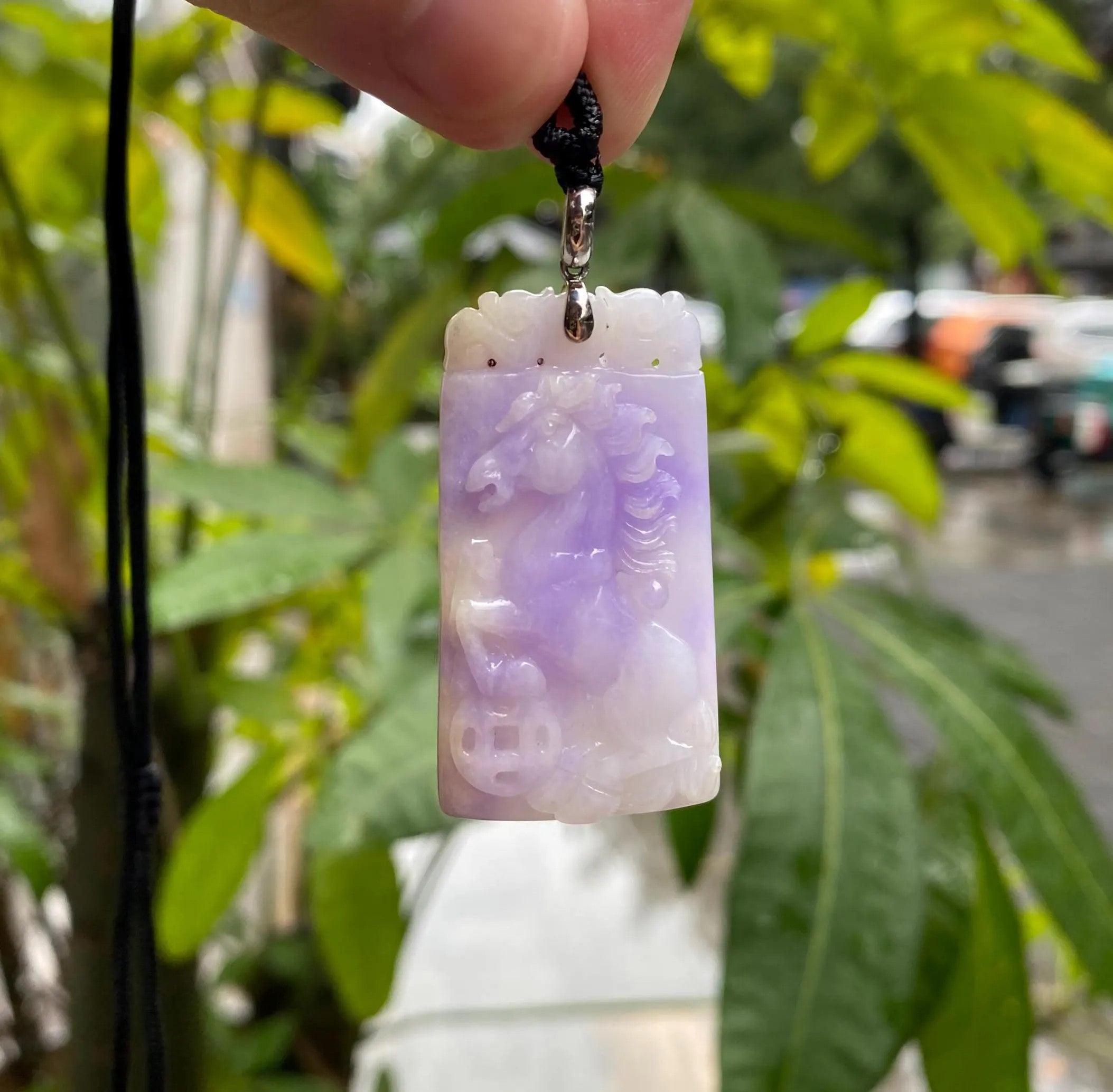 Handcrafted Purple Jade Horse Pendant in 18k White Gold