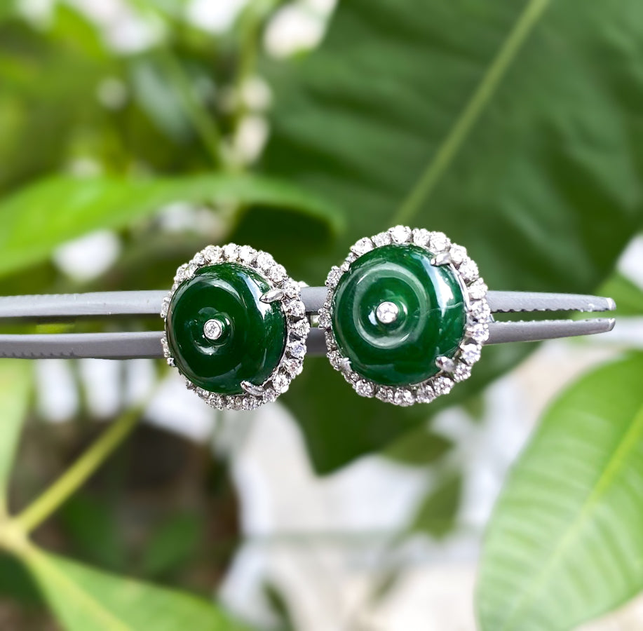 Imperial Green Jadeite & Diamond Round Disc Stud Earrings in 18K White Gold