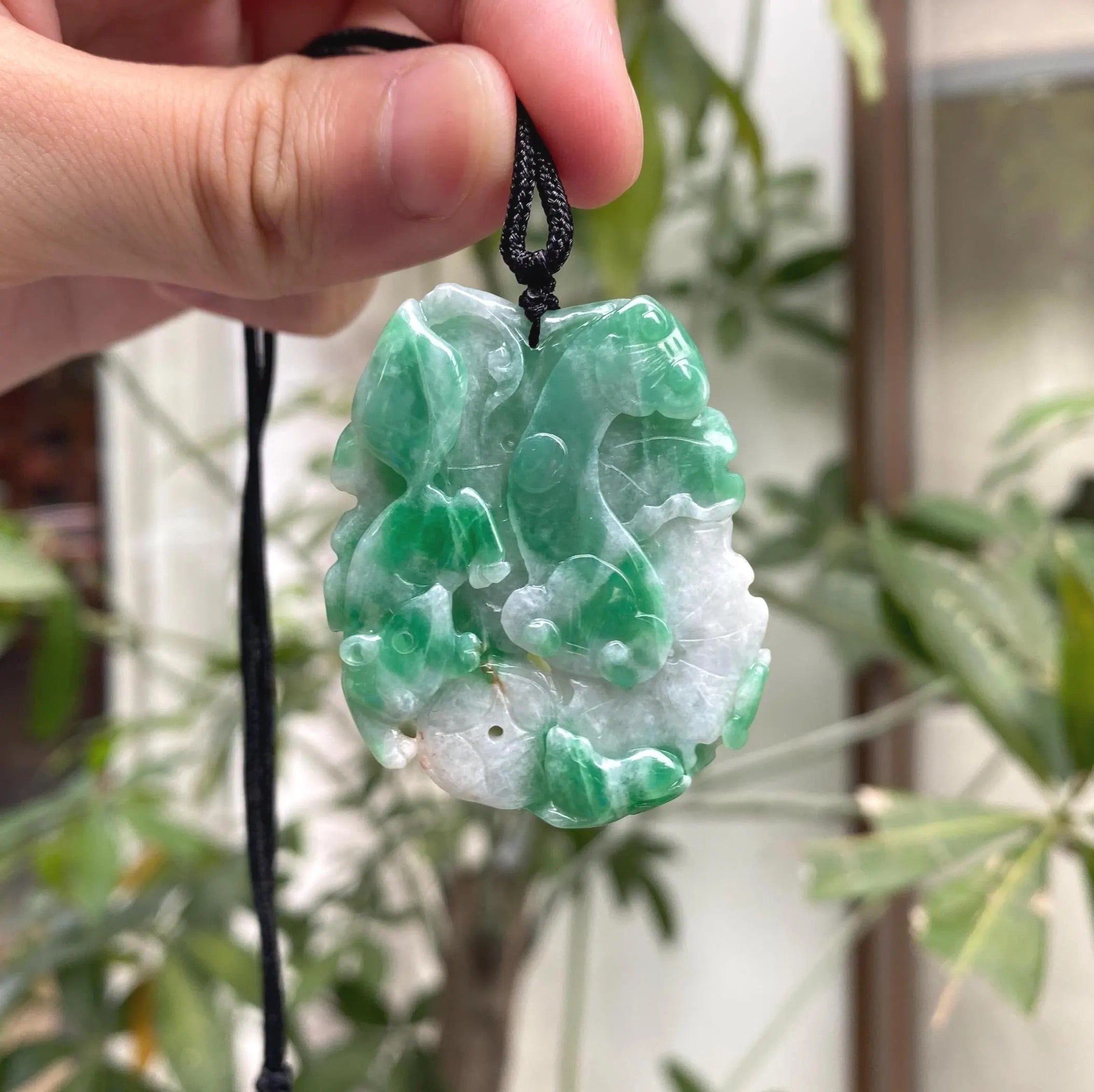 Natural Green Jadeite Pendant - Carved Lotus Leaf with Ruyi