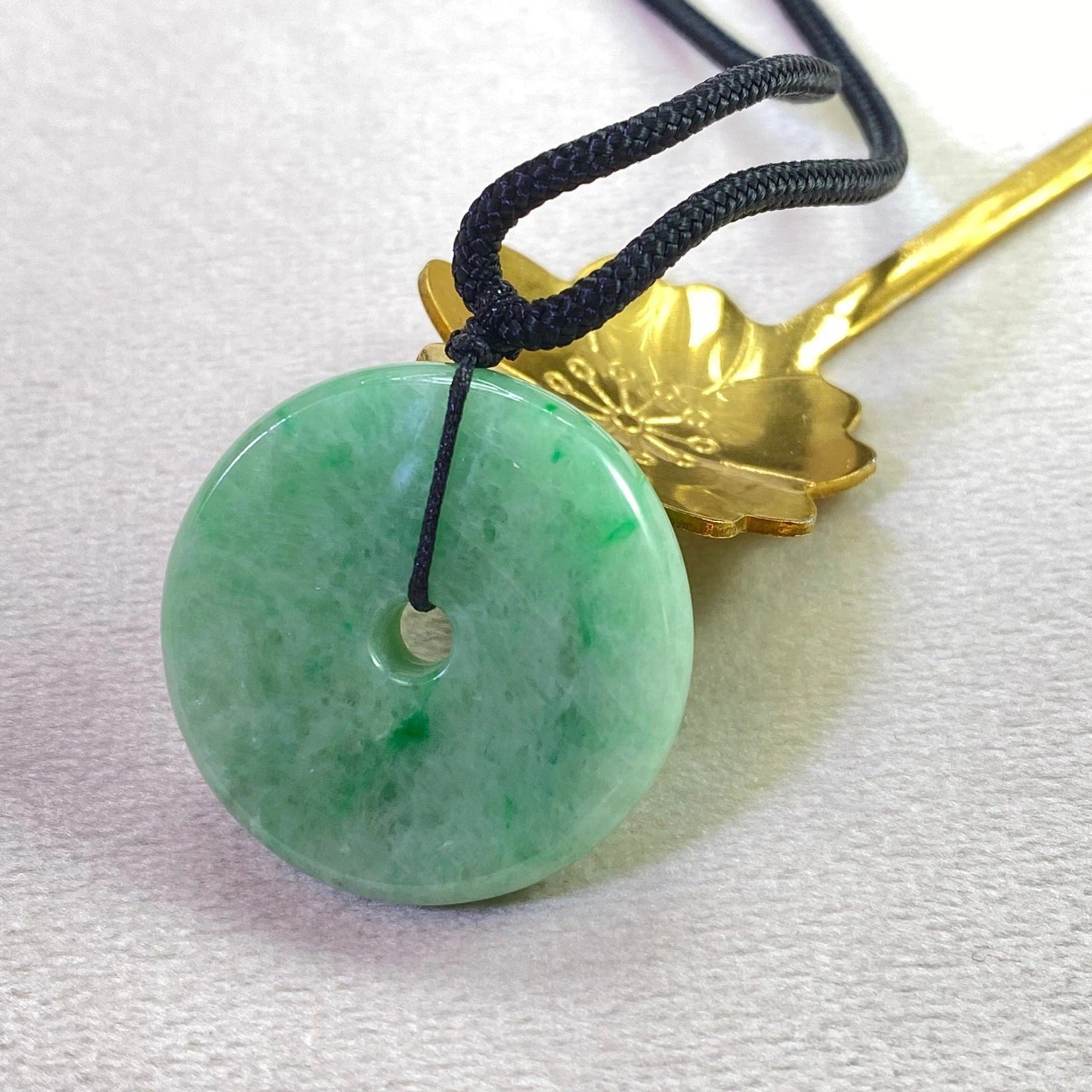 Delicate Green Round Disc Jade Pendant - 28.1mm Width Adjustable Cord