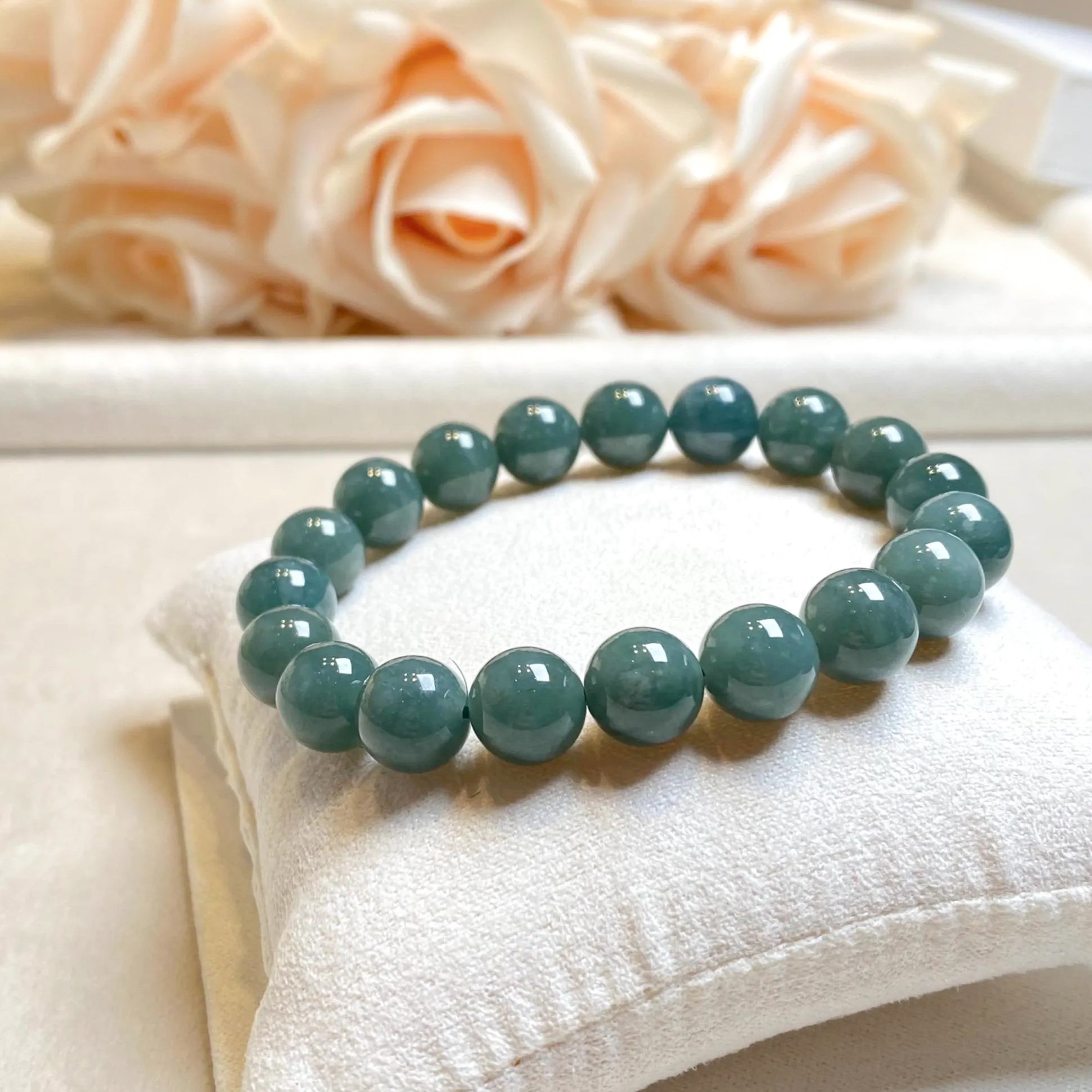 18cm Dark Green Beaded Bracelet, Type-A Burmese Jadeite