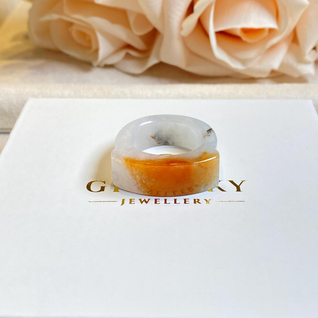 Natural Type-A Burmese Red Jade Saddle Ring – Rare Red & White Jade – Size 9.25