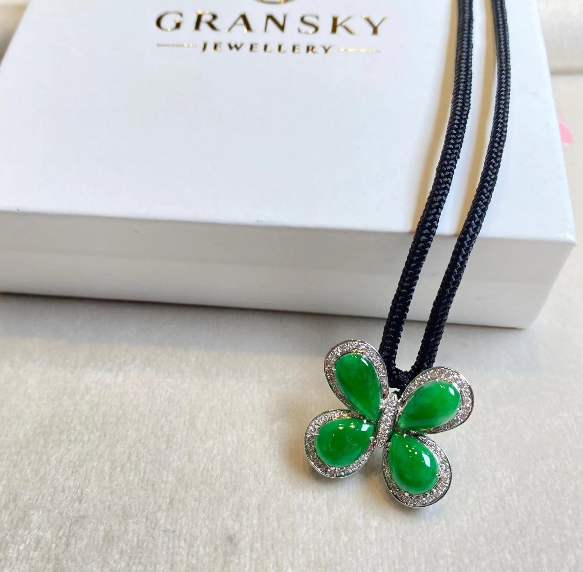 18k Gold Diamond Green Butterfly Jade Pendant Necklace - Natural Type-A Jade