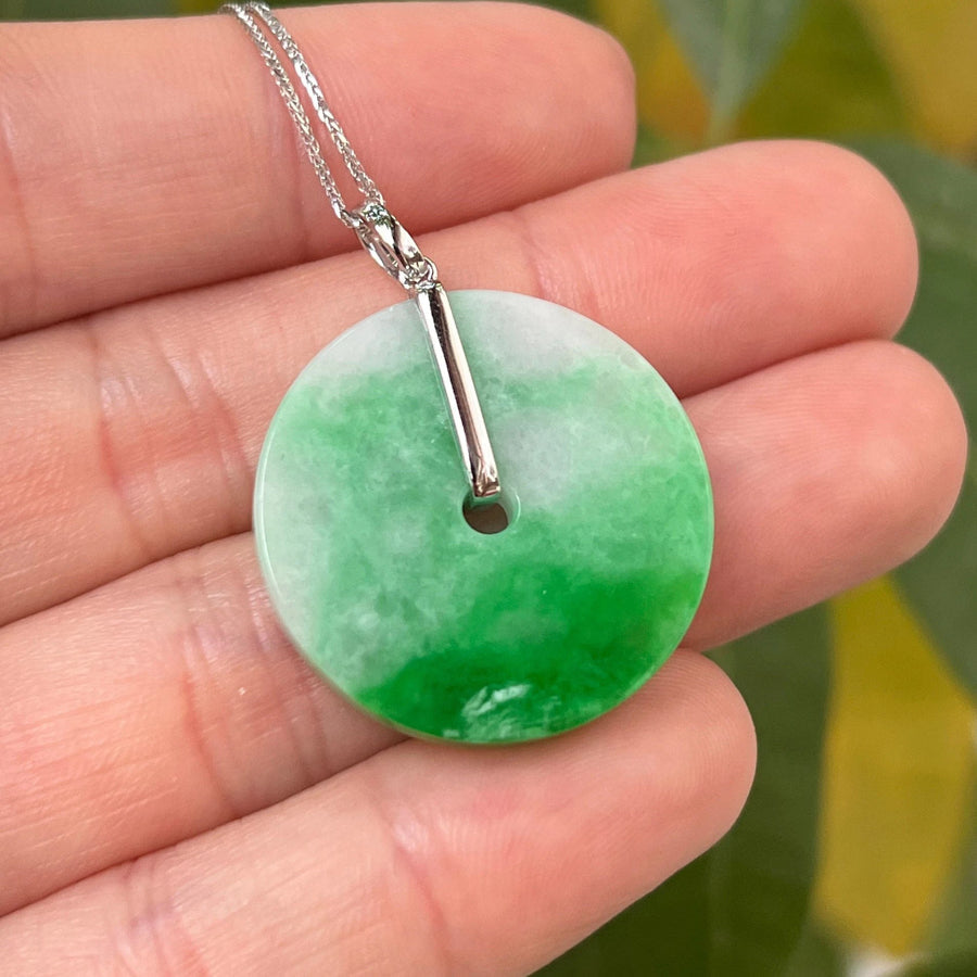 Minimalistic Green Jade Disc Donut Pendant 18k White Gold Bail