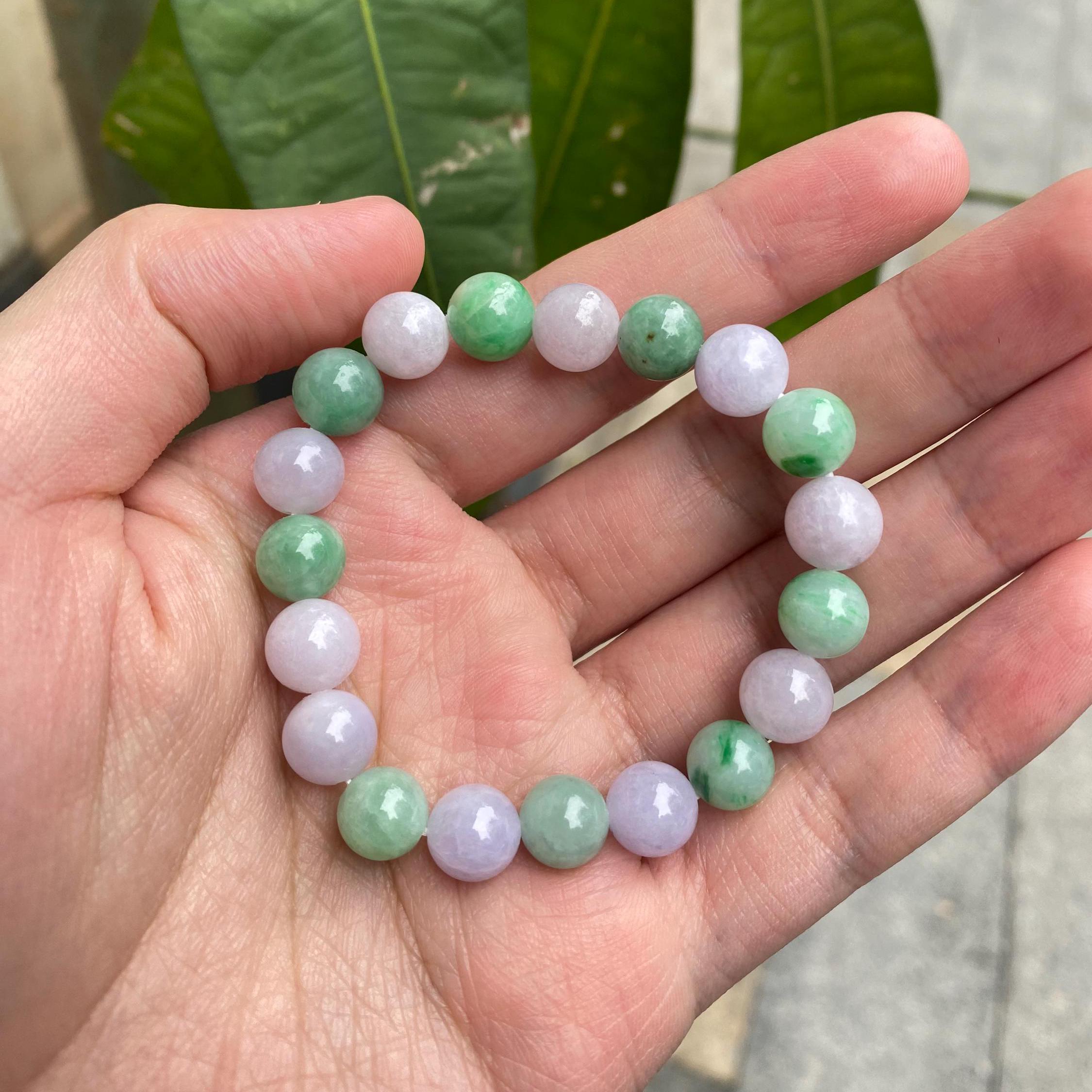 Alternating Green and Purple Jade Beaded Bracelet - 9-9.5mm Beads, 17cm, Natural Jadeite