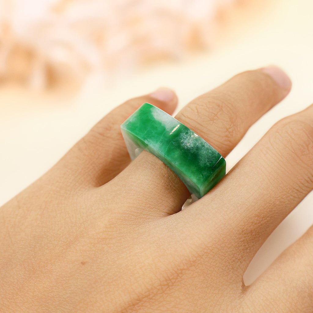 Gransky Natural Type A Intense Green Flat Top Jade Ring US 8.5