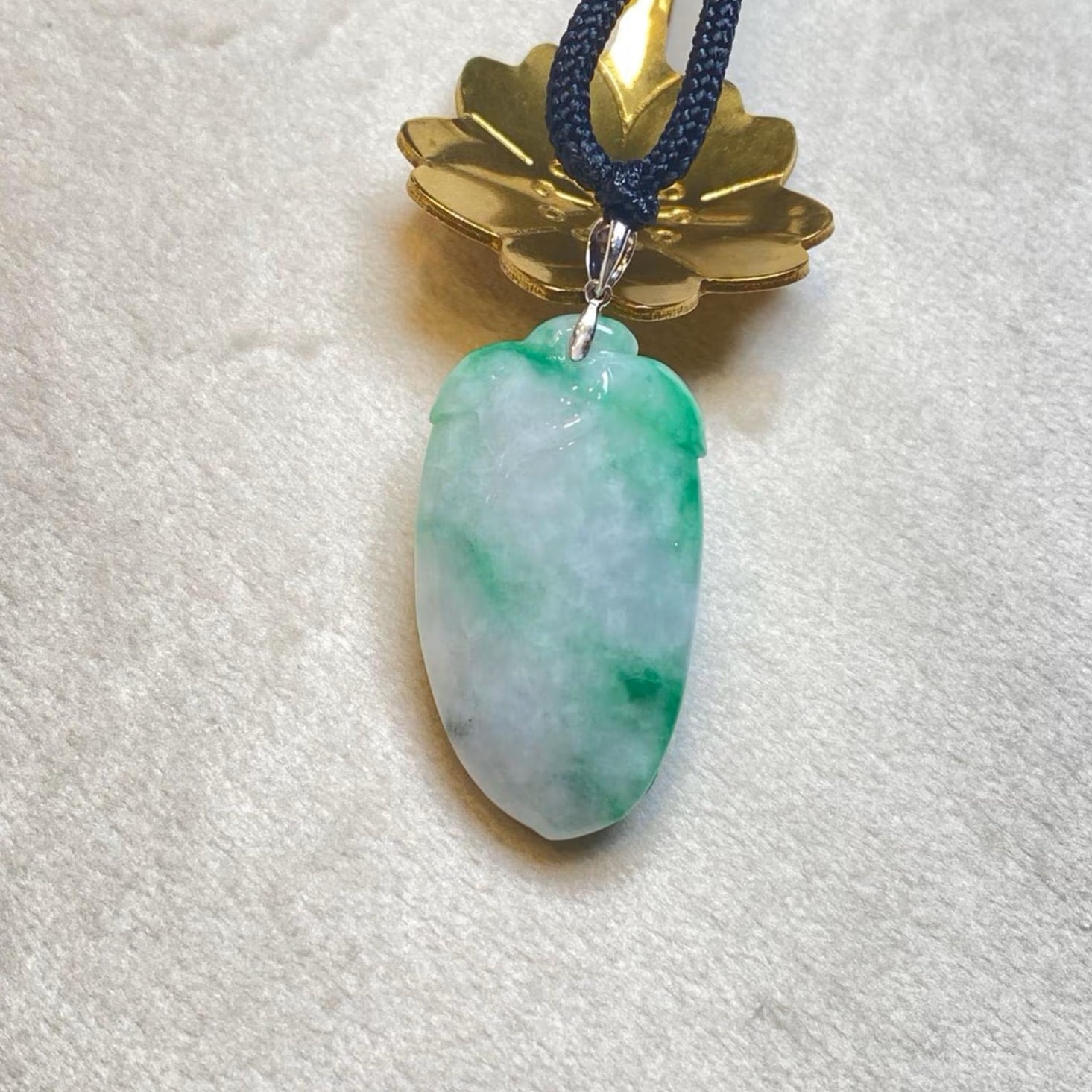 Natural Green Carved Peach Jade Pendant - 18k White Gold Bail