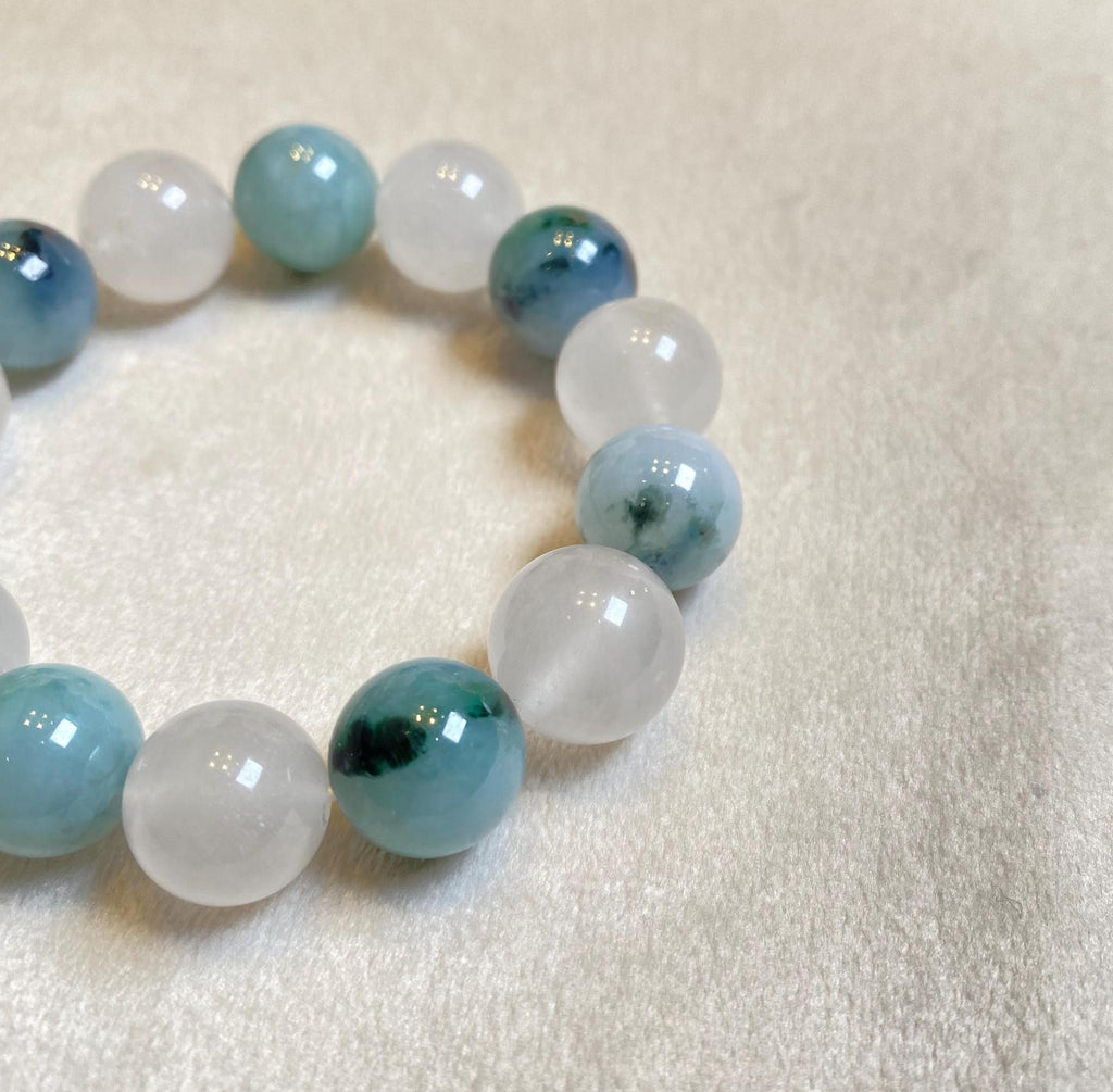 Natural Type-A Burmese Jadeite Beaded Bracelet - Green & White, 13mm