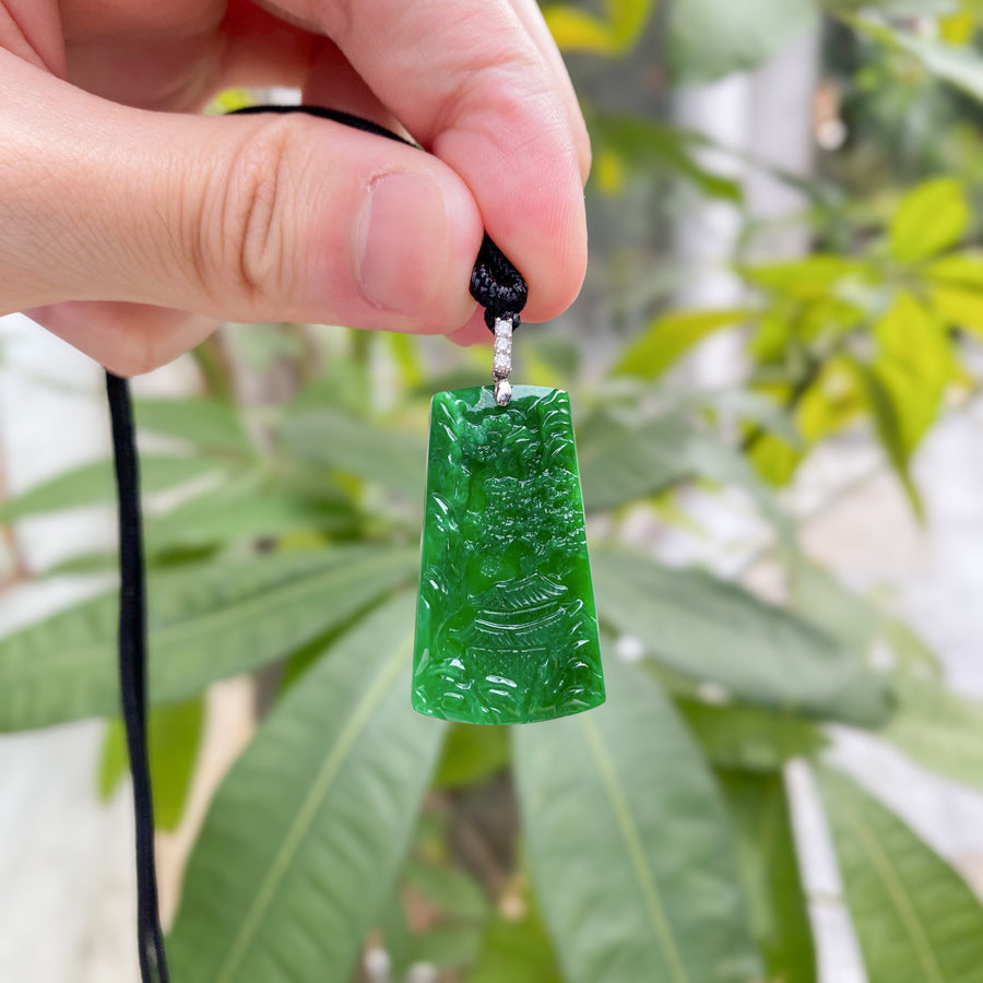 Imperial Green Jade Pendant with Mountain Carving, 18K White Gold & Diamonds