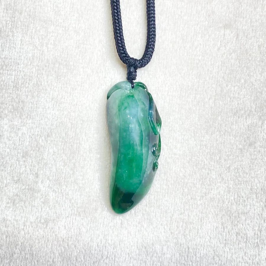 Intense Green Hand-Carved Jade Melon Pendant with Adjustable Black String