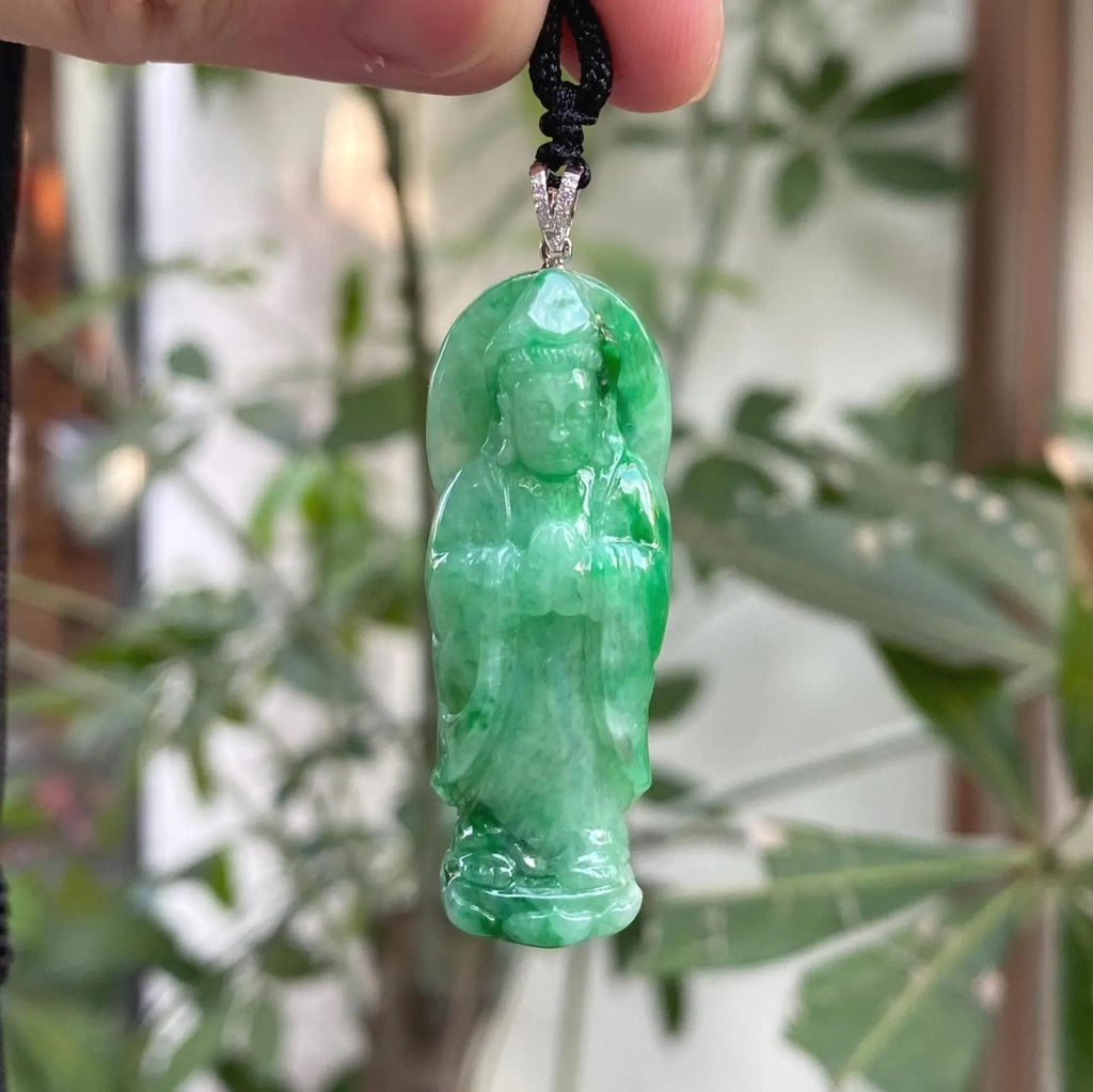 GuanYin Green Jade Pendant Necklace 18k White Gold Bail and Diamonds