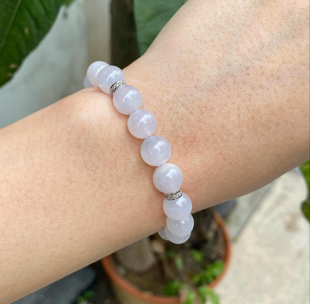 Stunning White Jadeite Beaded Bracelet – 9.5mm Translucent Jade Beads with Gold-Plated Diamond Partitions, 17cm Length