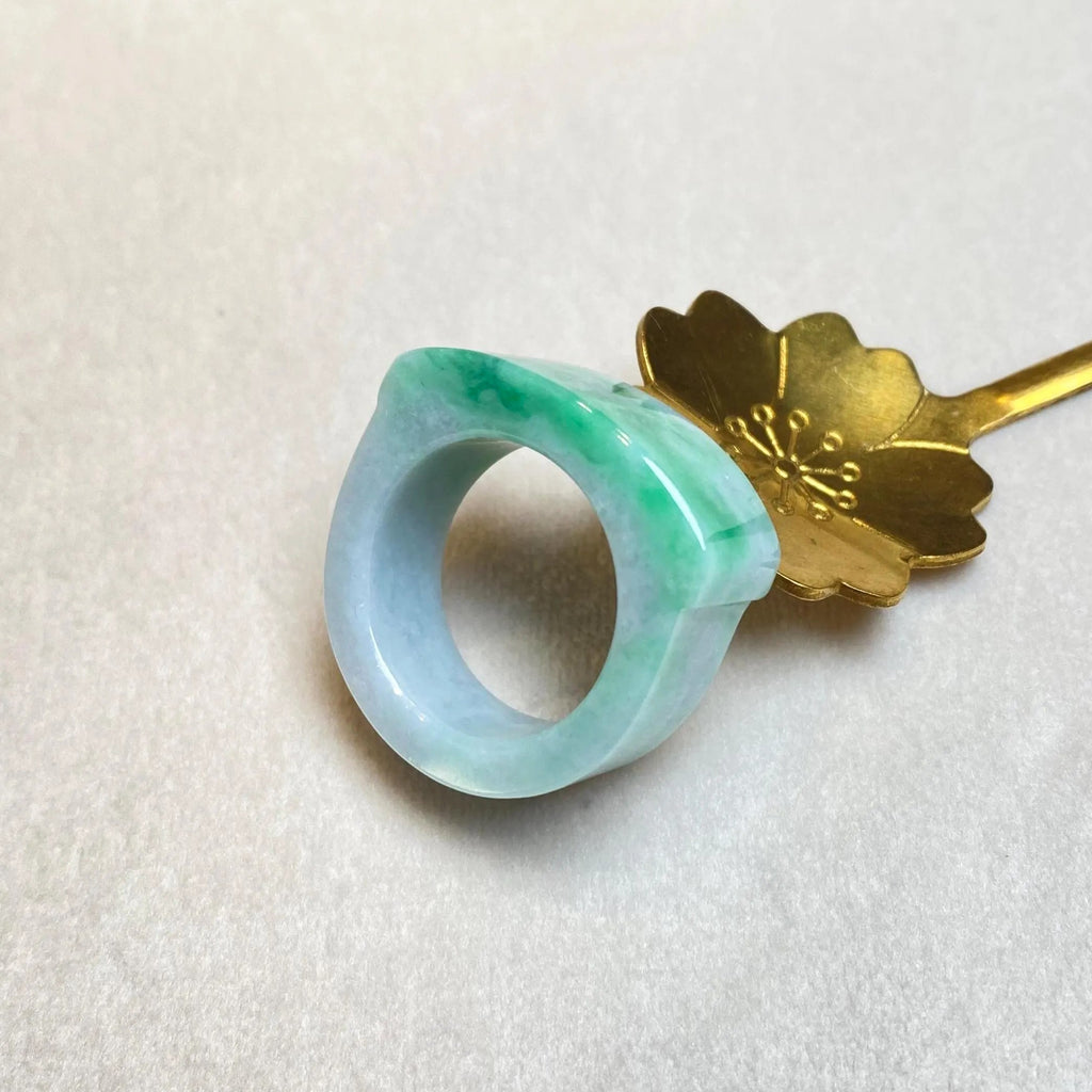 Green Jade Saddle Ring - Size US 9.25, Smooth Bright Green, Minimalist Elegance