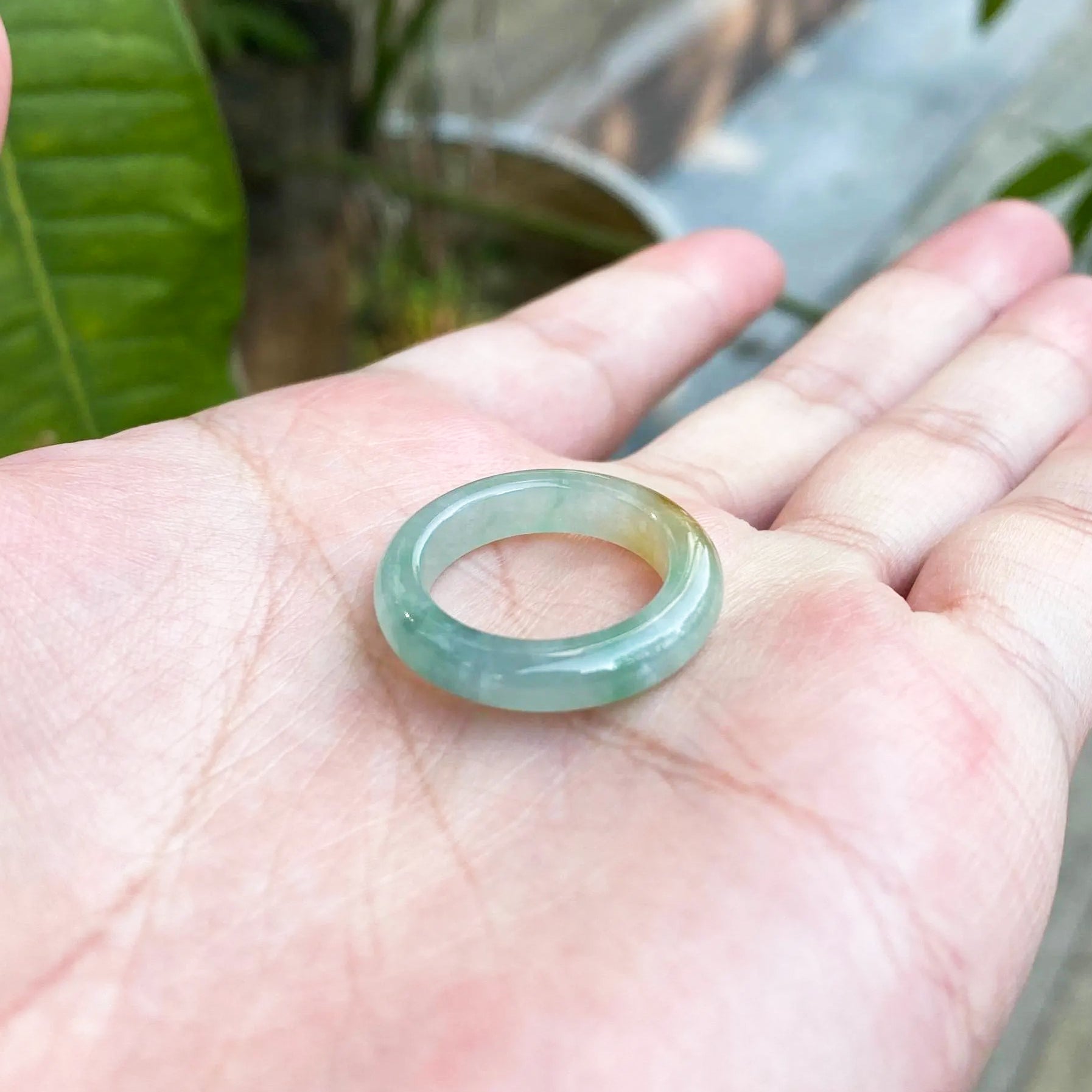 Natural Type-A Burmese Jadeite Ring - Ocean Bluish-Green with Brown Accent, Size US 7.5